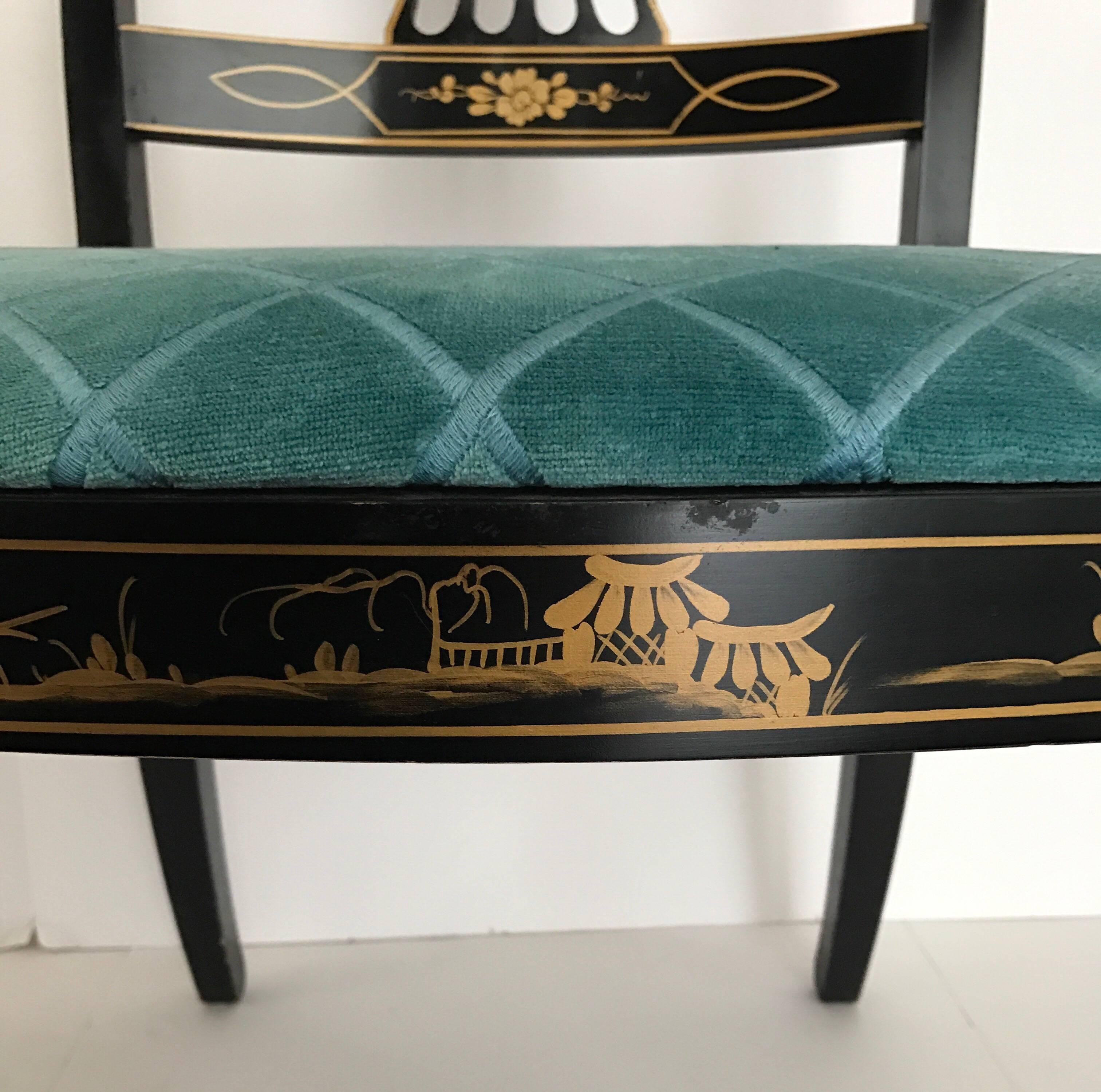 Mid Century Chinoiserie Black and Gold Dining Set Table Six Chairs 4