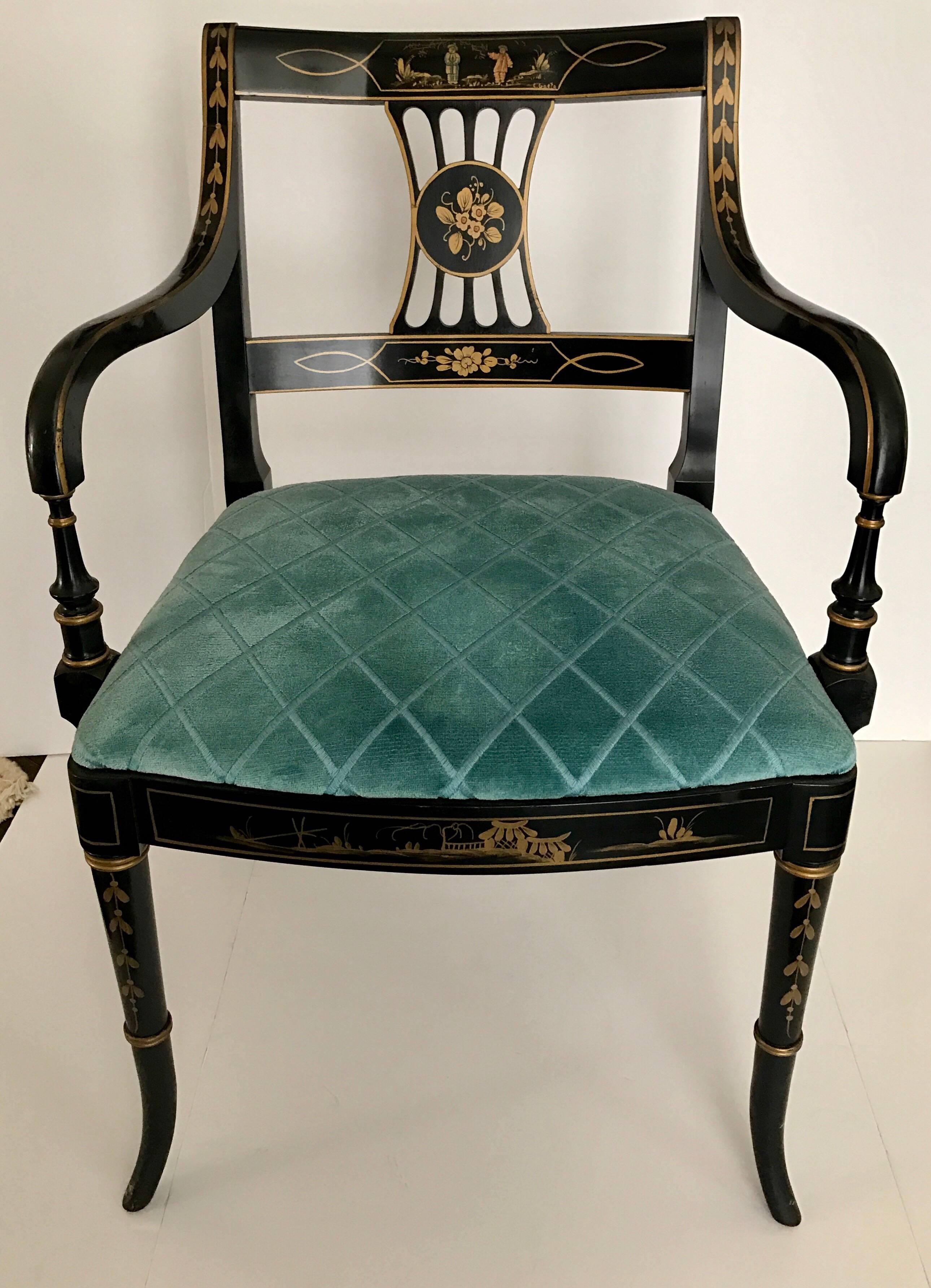 Mid-20th Century Mid Century Chinoiserie Black and Gold Dining Set Table Six Chairs