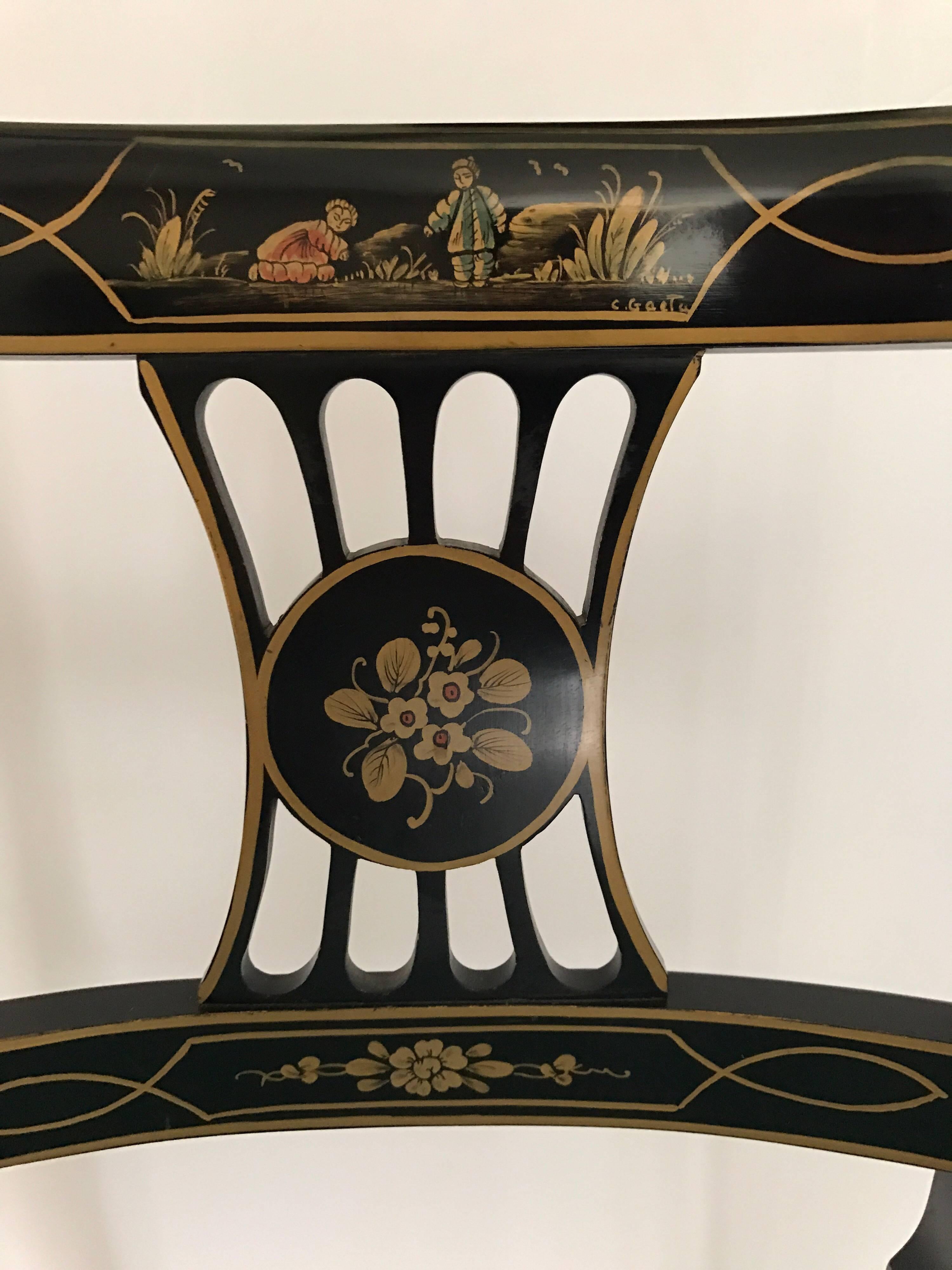 Mid Century Chinoiserie Black and Gold Dining Set Table Six Chairs 1