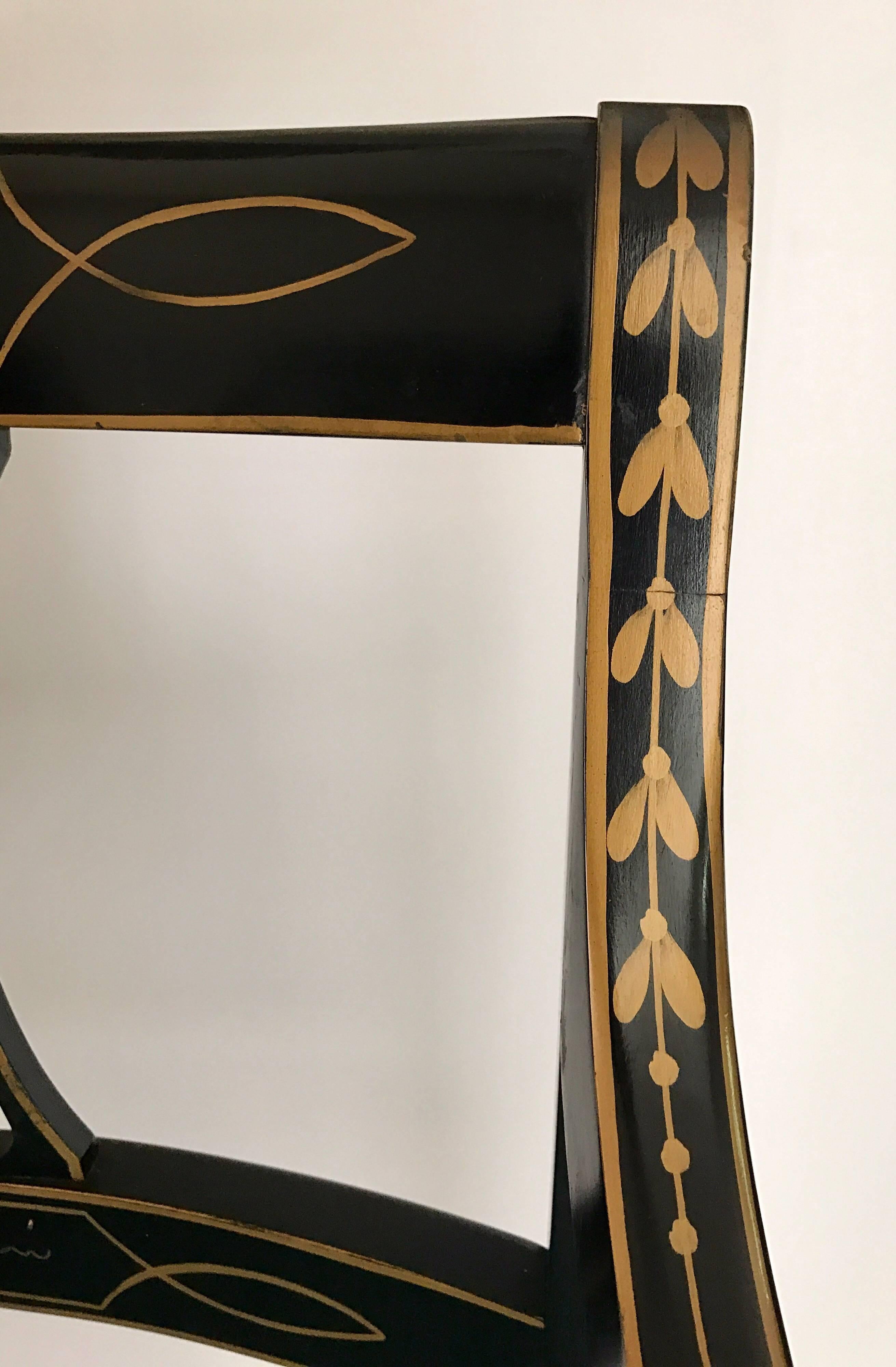 Mid Century Chinoiserie Black and Gold Dining Set Table Six Chairs 3