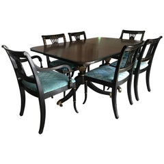 Mid Century Chinoiserie Black and Gold Dining Set Table Six Chairs
