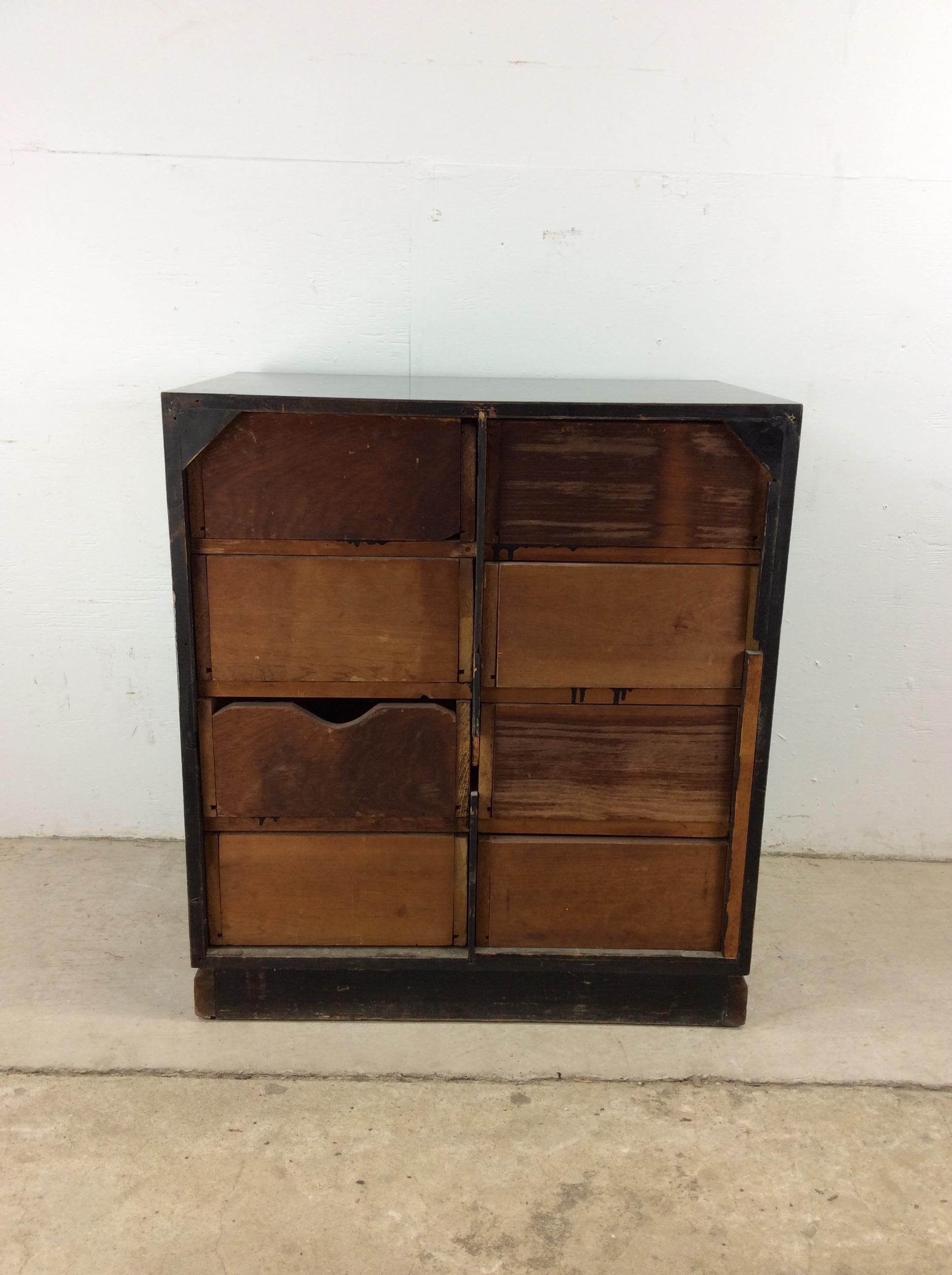 Mid century chinoiserie black lacquer cabinet with 8 drawers 7