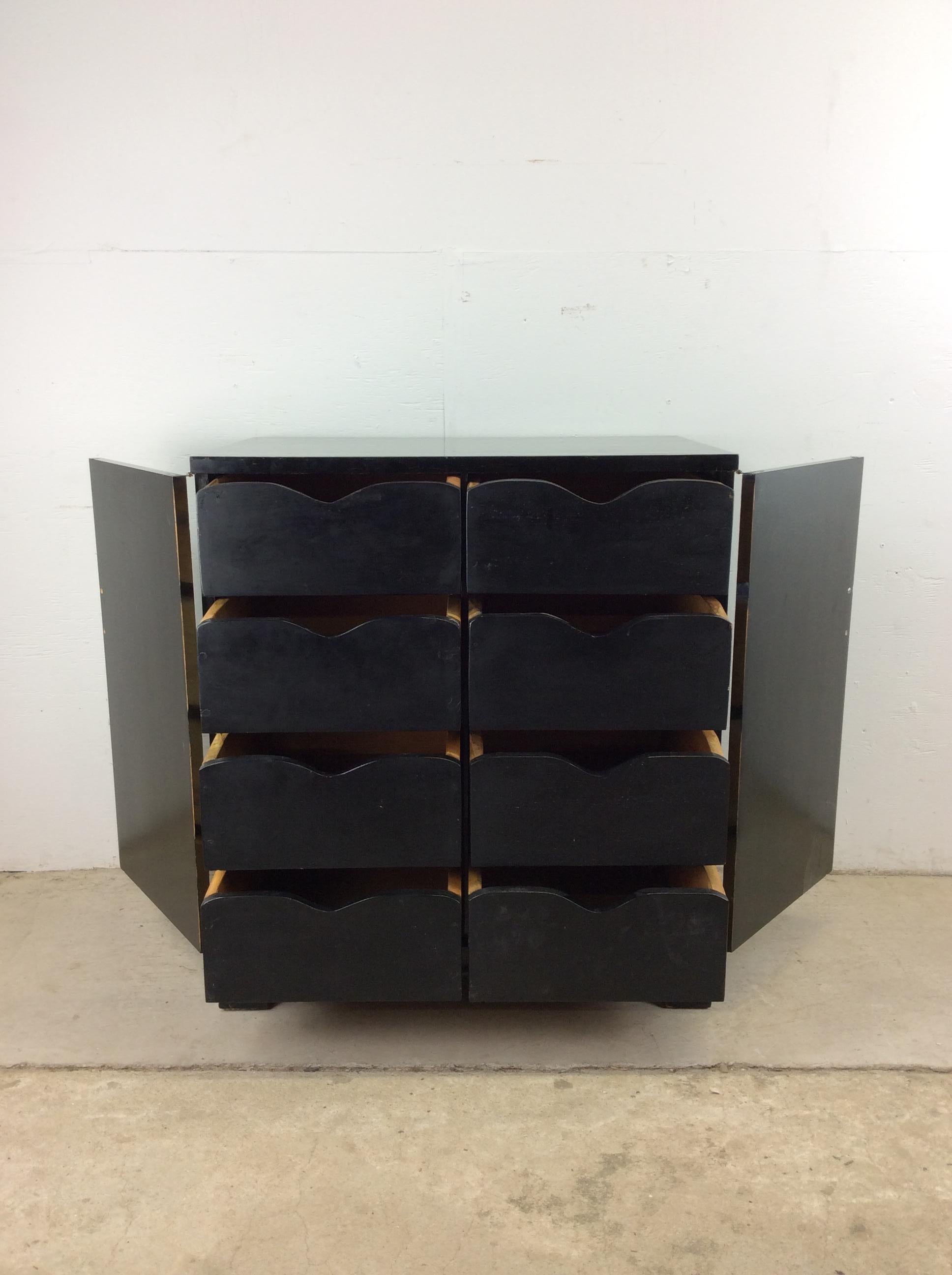 Mid century chinoiserie black lacquer cabinet with 8 drawers 9