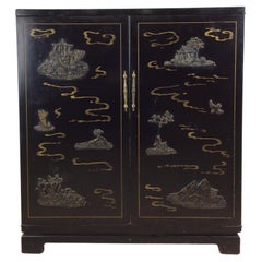 Mid century chinoiserie black lacquer cabinet with 8 drawers