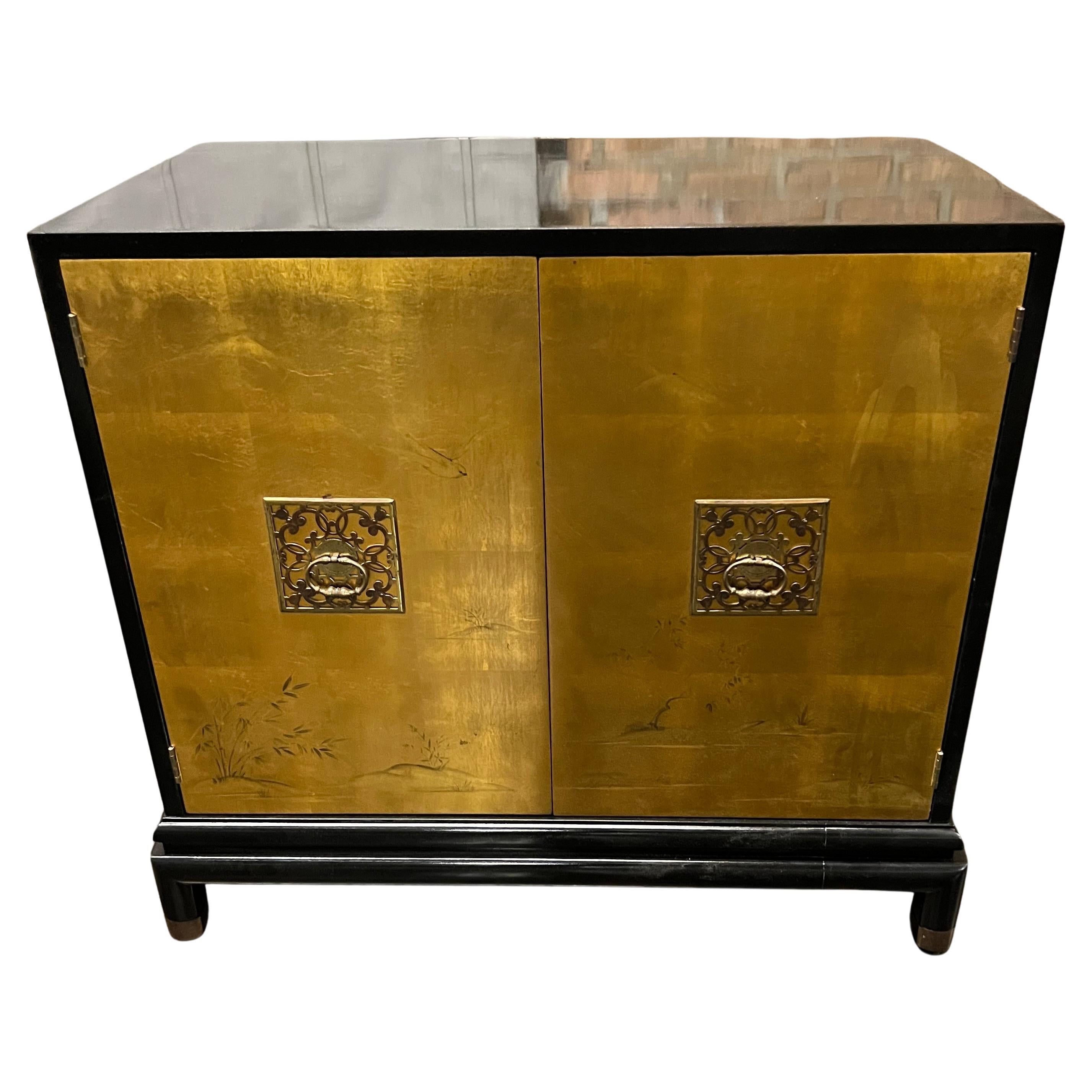 Mid-Century Chinoiserie Black Lacquer Cabinet with Gilded Painted Doors For Sale