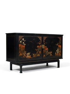 Mid-Century Chinoiserie Black Lacquer TV & Stereo Console with Olympic KC370 TV