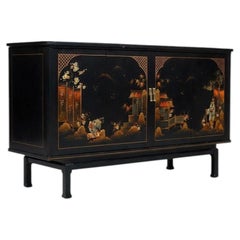 Mid-Century Chinoiserie Black Lacquer TV & Stereo Console with Olympic KC370 TV