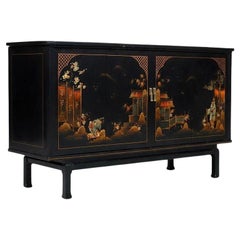 Console TV e Stereo in lacca nera Chinoiserie di metà secolo con TV Olymp KC370