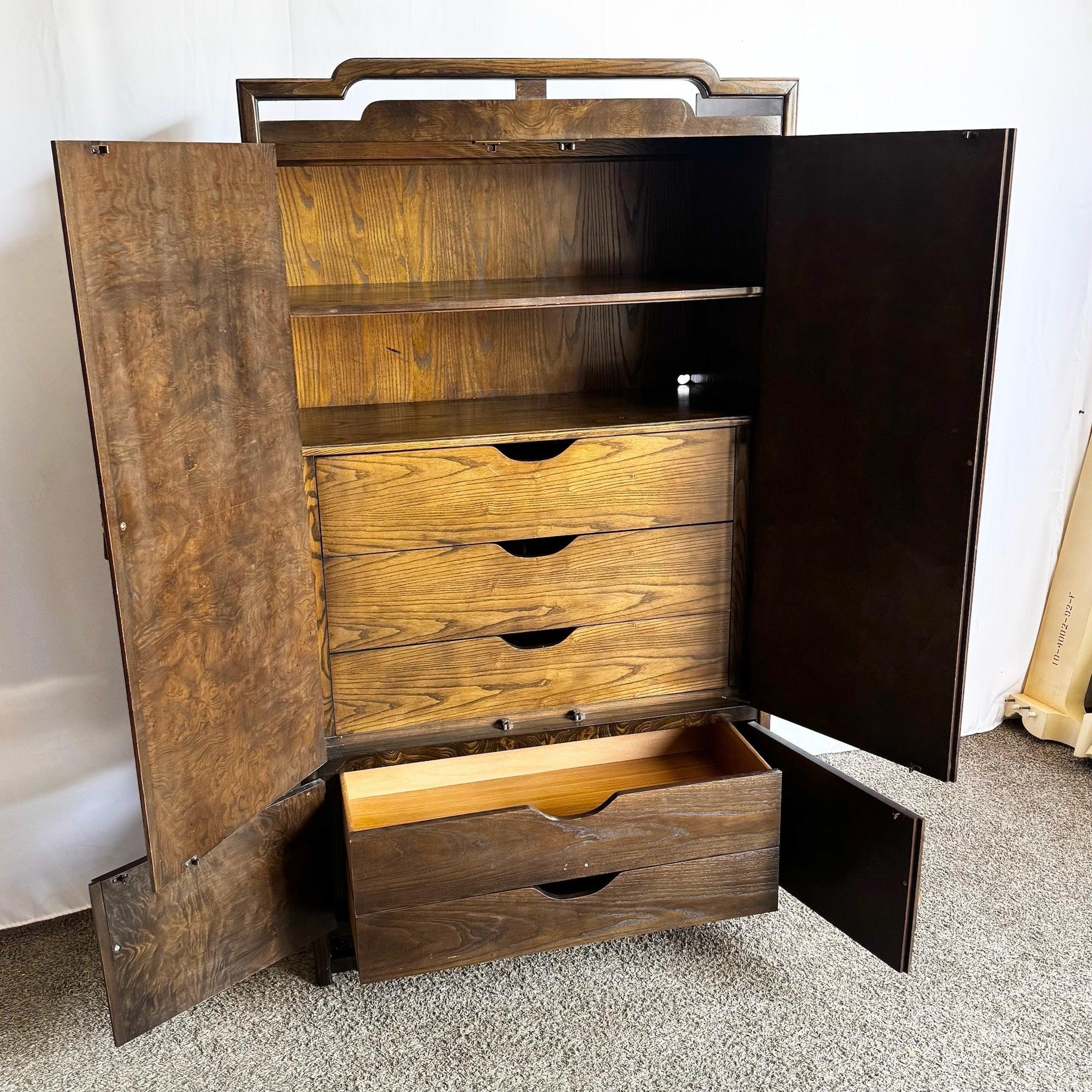 Mid Century Chinoiserie Burl Wood Armoire With Brass Accents by Thomasville For Sale 1