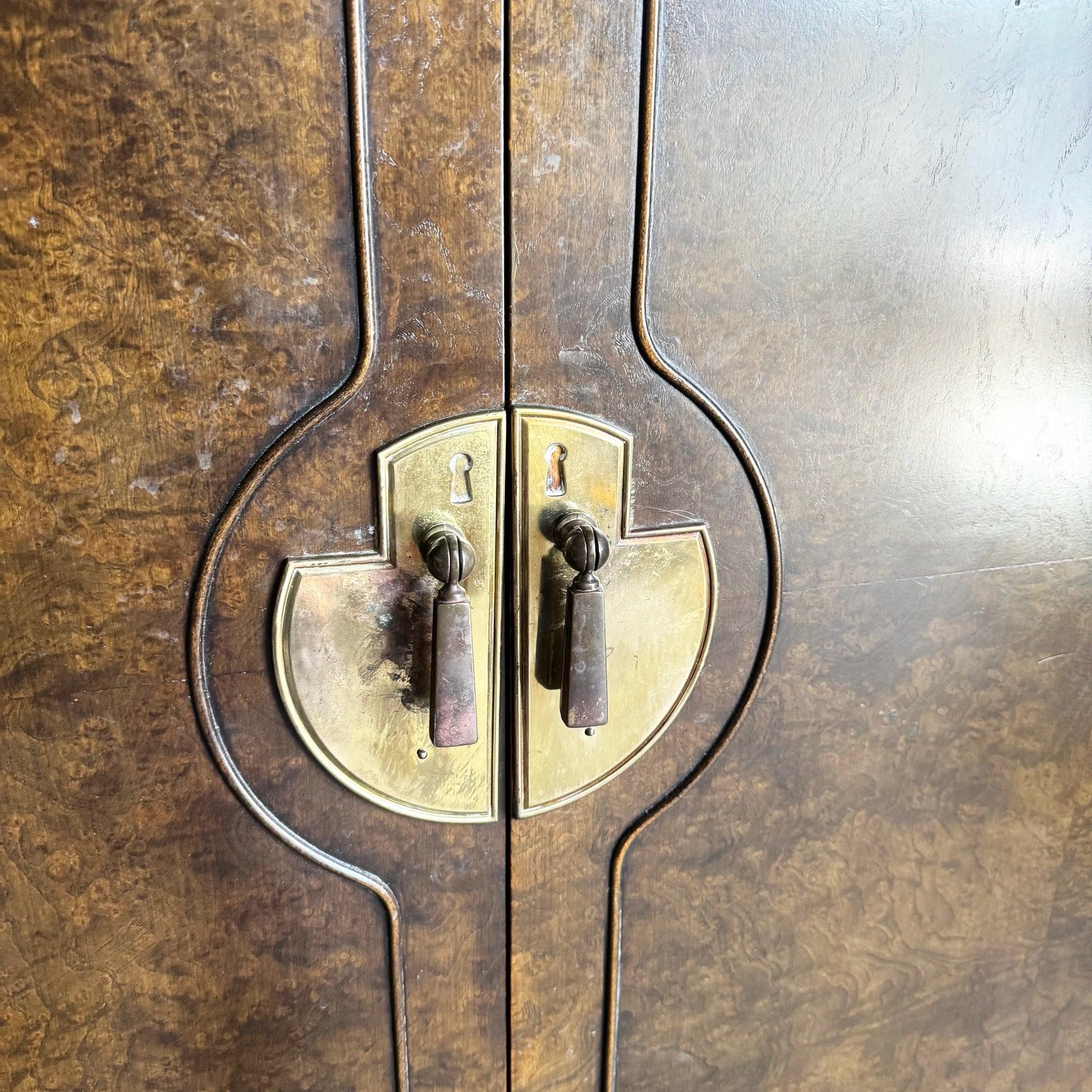 Mid Century Chinoiserie Burl Wood Armoire With Brass Accents by Thomasville For Sale 3