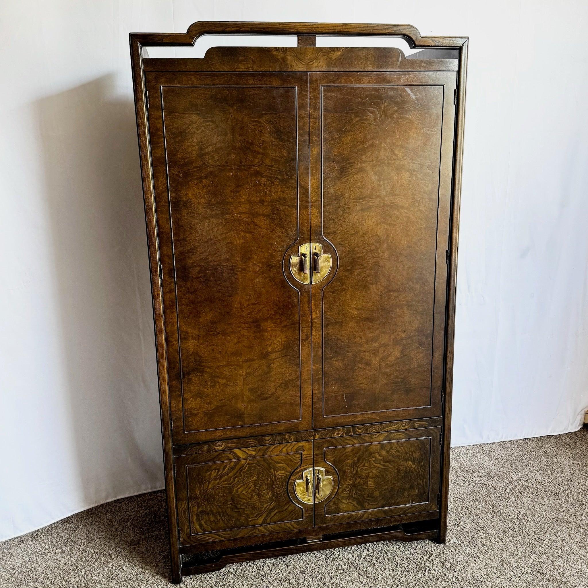 Mid Century Chinoiserie Burl Wood Armoire With Brass Accents by Thomasville For Sale 4