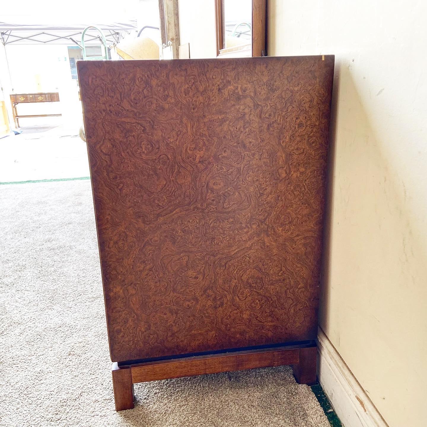 Late 20th Century Mid Century Chinoiserie Burl Wood Dresser With Mirror by Founders For Sale