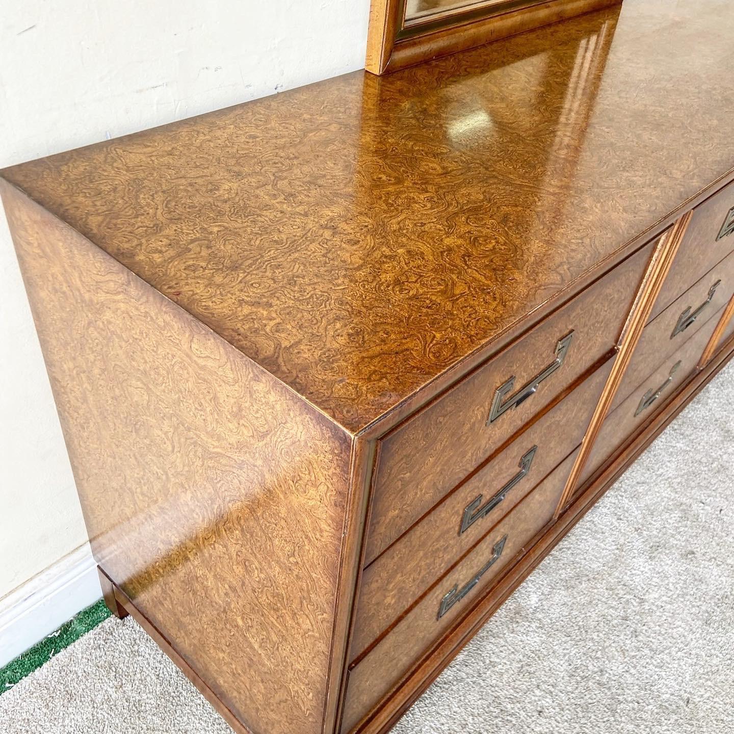 Mid Century Chinoiserie Burl Wood Dresser With Mirror by Founders For Sale 3