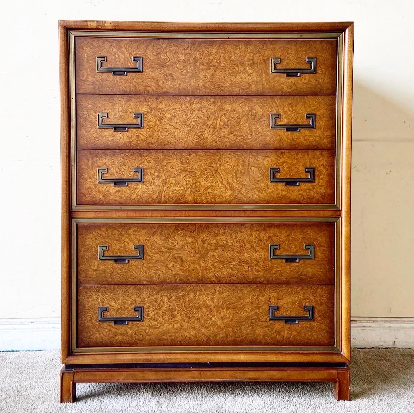 Exceptional mid-century chinoiserie highboy by Founders. Features a Burl wood veneer with brass inlaid drawer pulls.
 