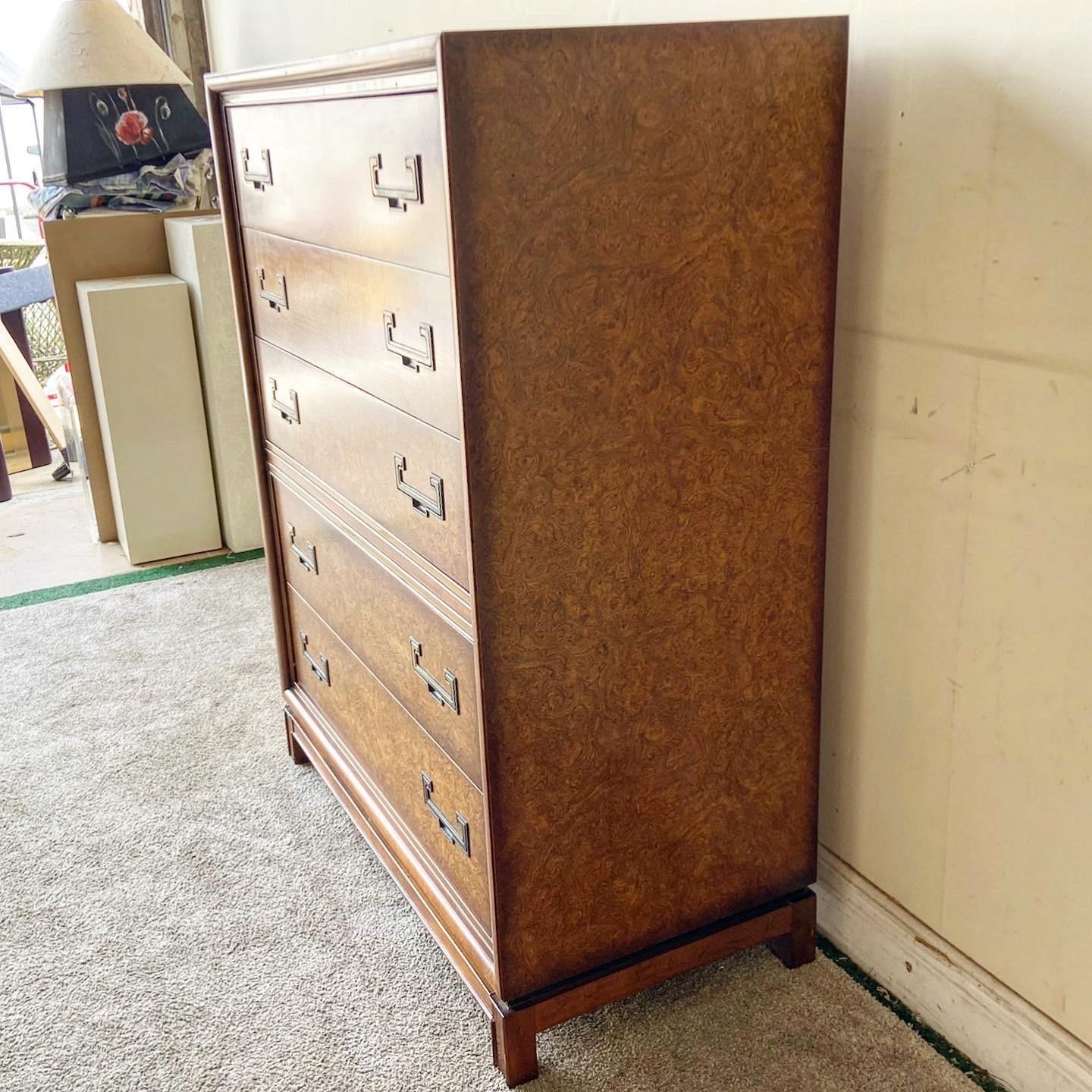 Late 20th Century Mid-Century Chinoiserie Burl Wood Highboy by Founders