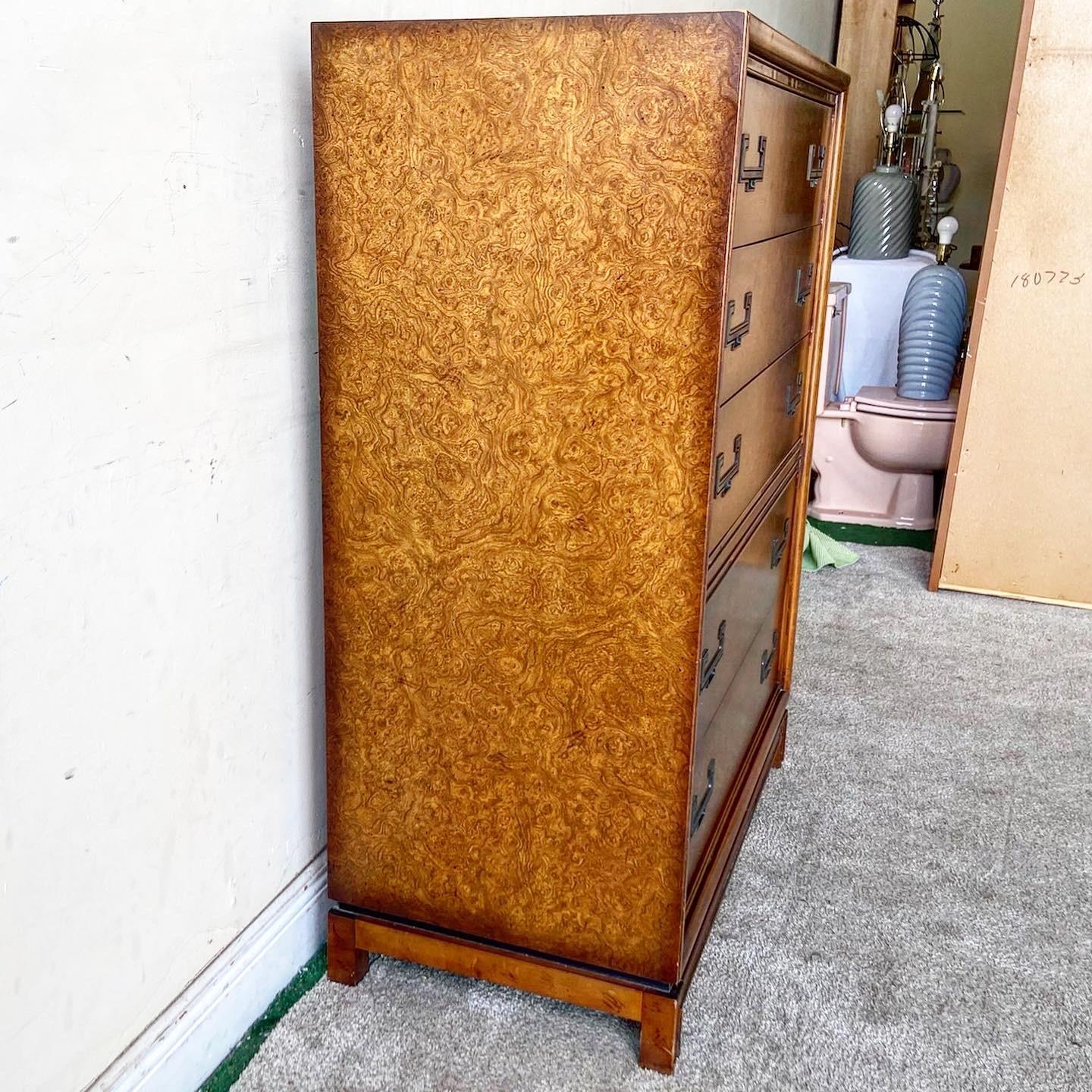 Mid-Century Chinoiserie Burl Wood Highboy by Founders 1