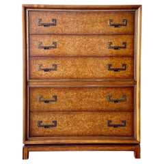 Mid-Century Chinoiserie Burl Wood Highboy by Founders