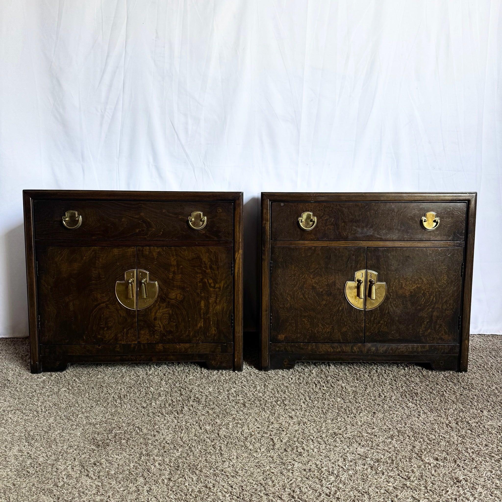 Mid Century Chinoiserie Burl Wood Nighstands w/ Accents by Thomasville - A Pair For Sale 6