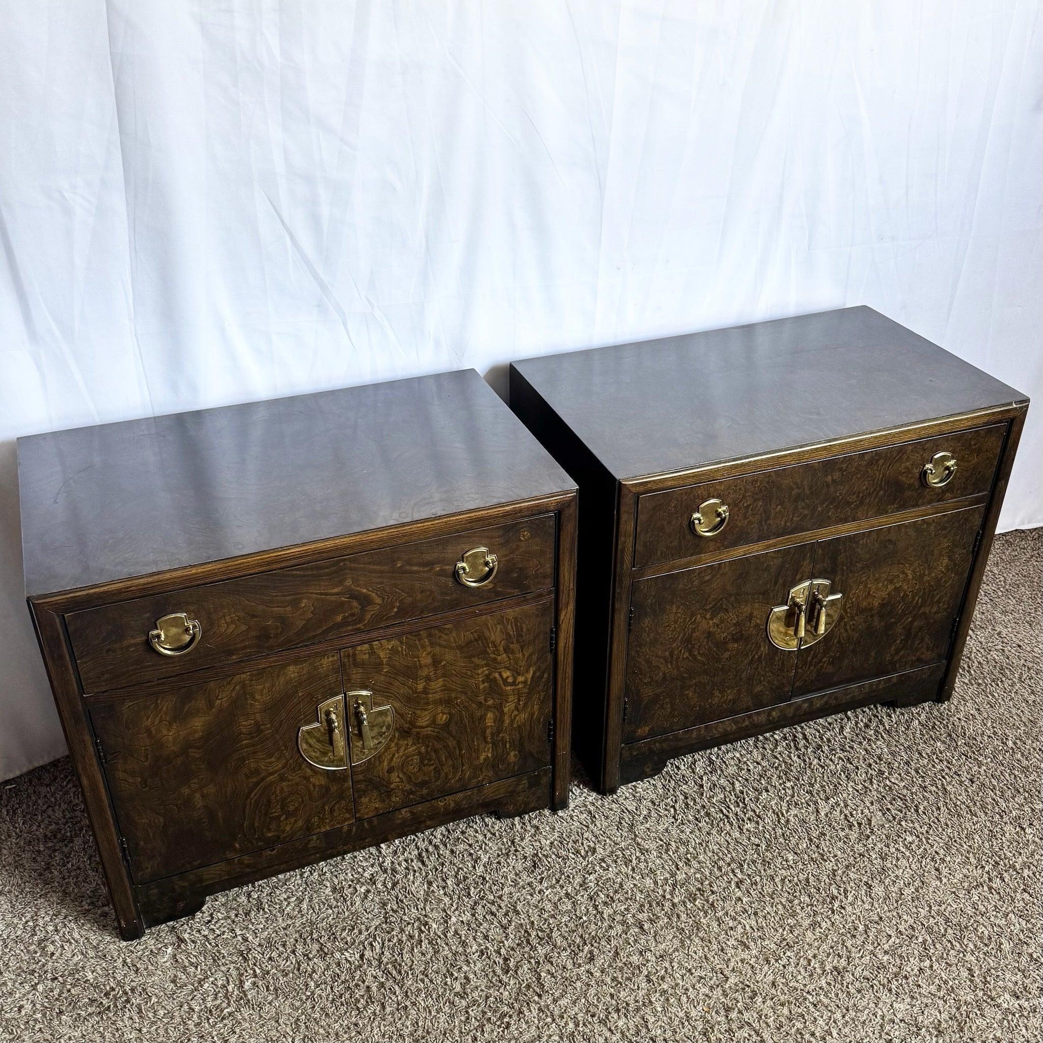 Elevate your bedroom with these Chinoiserie Burl Wood Nightstands—where timeless design meets functional elegance.
 
 Minor wear on the surfaces as shown in the photos.
 
 We sell items as acquired, without restoring or repairing. Vintage pieces may