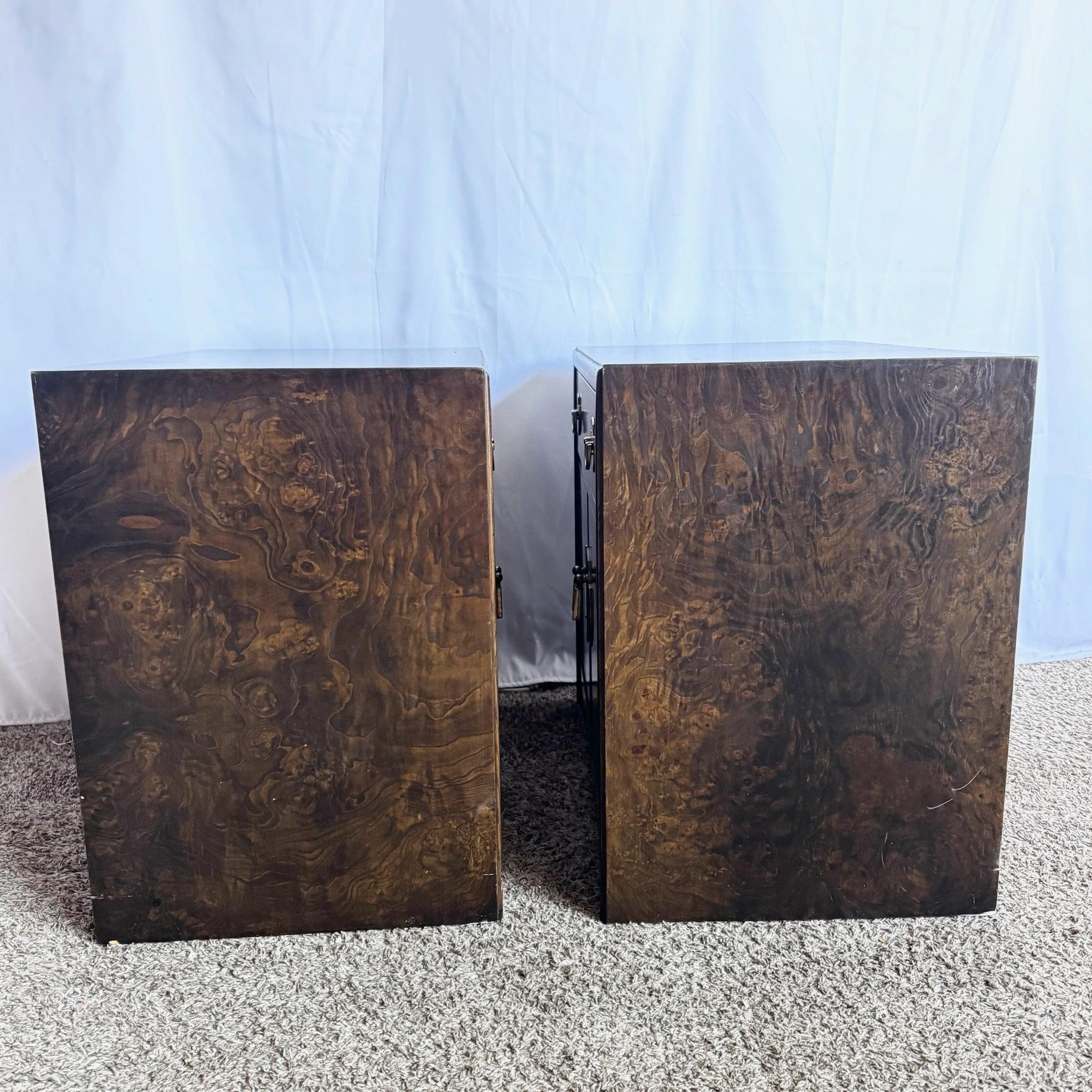 American Mid Century Chinoiserie Burl Wood Nighstands w/ Accents by Thomasville - A Pair For Sale