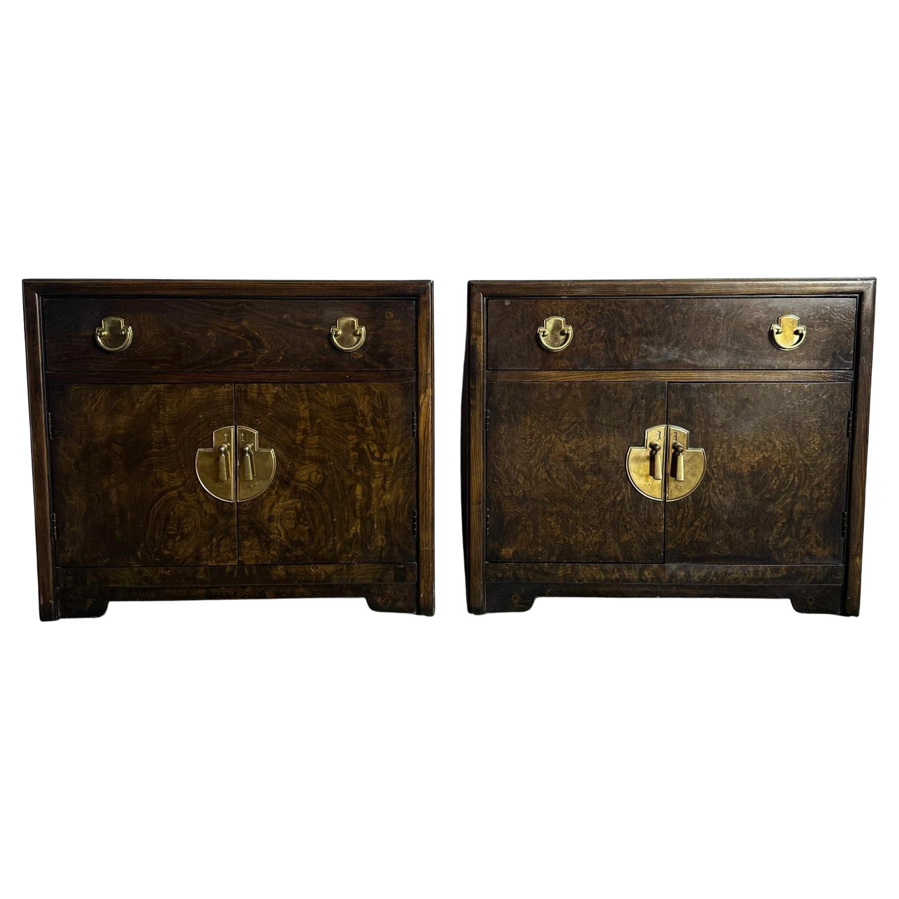 Mid Century Chinoiserie Burl Wood Nighstands w/ Accents by Thomasville - A Pair For Sale