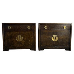 Mid Century Chinoiserie Burl Wood Nighstands w/ Accents by Thomasville - A Pair