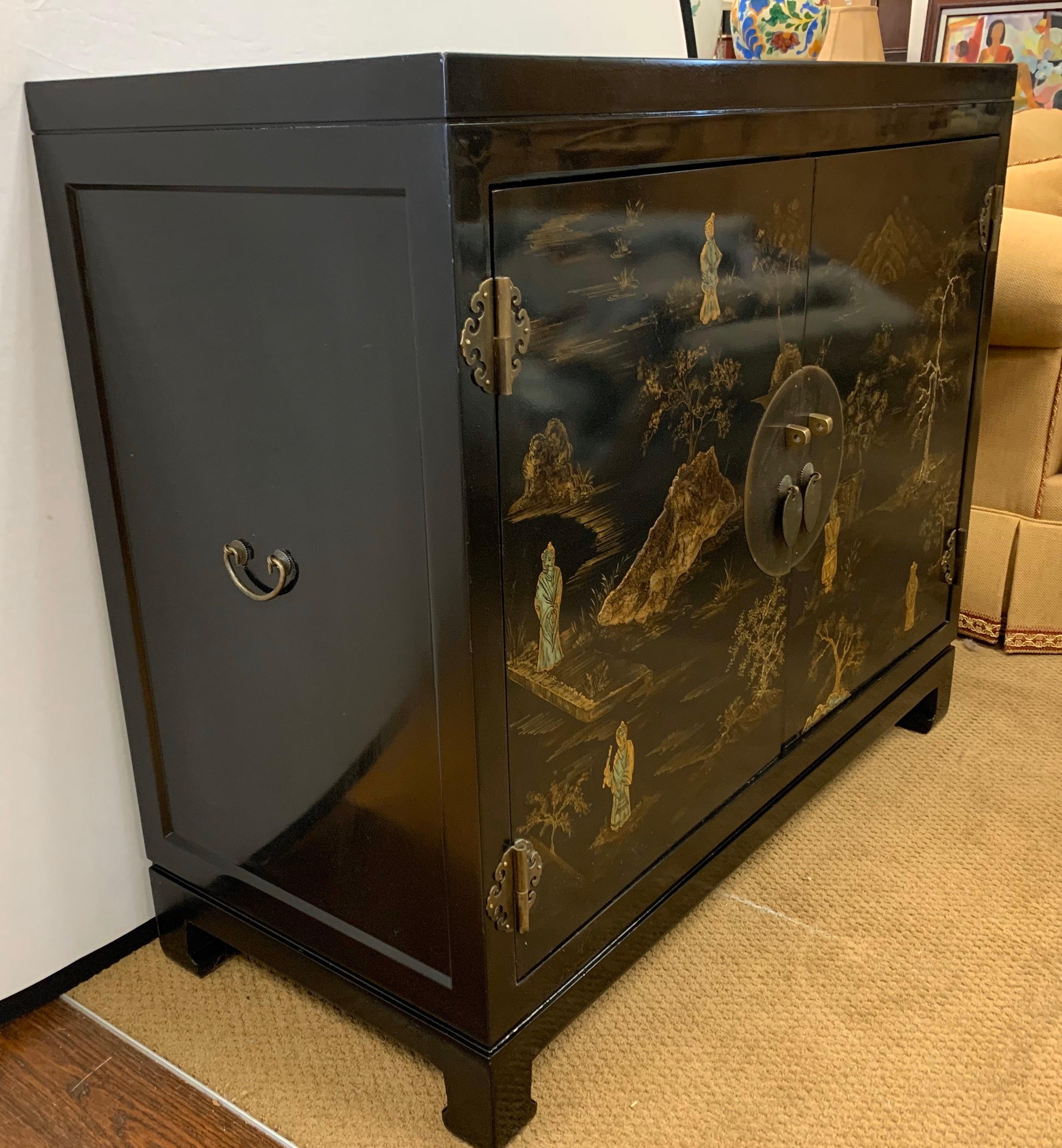 Chinese Export Black Laquer and Gilt Chinoiserie Cabinet Server Credenza Chest 4