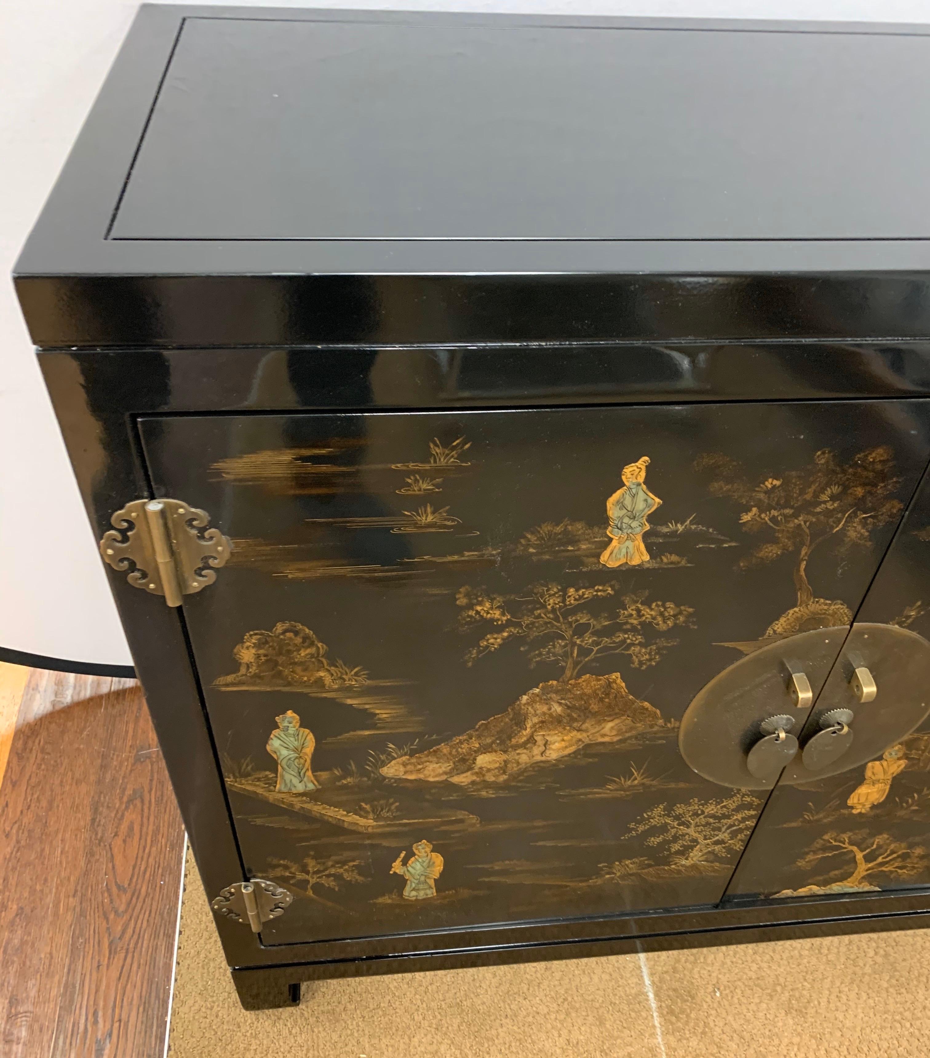 Chinese Export Black Laquer and Gilt Chinoiserie Cabinet Server Credenza Chest 7