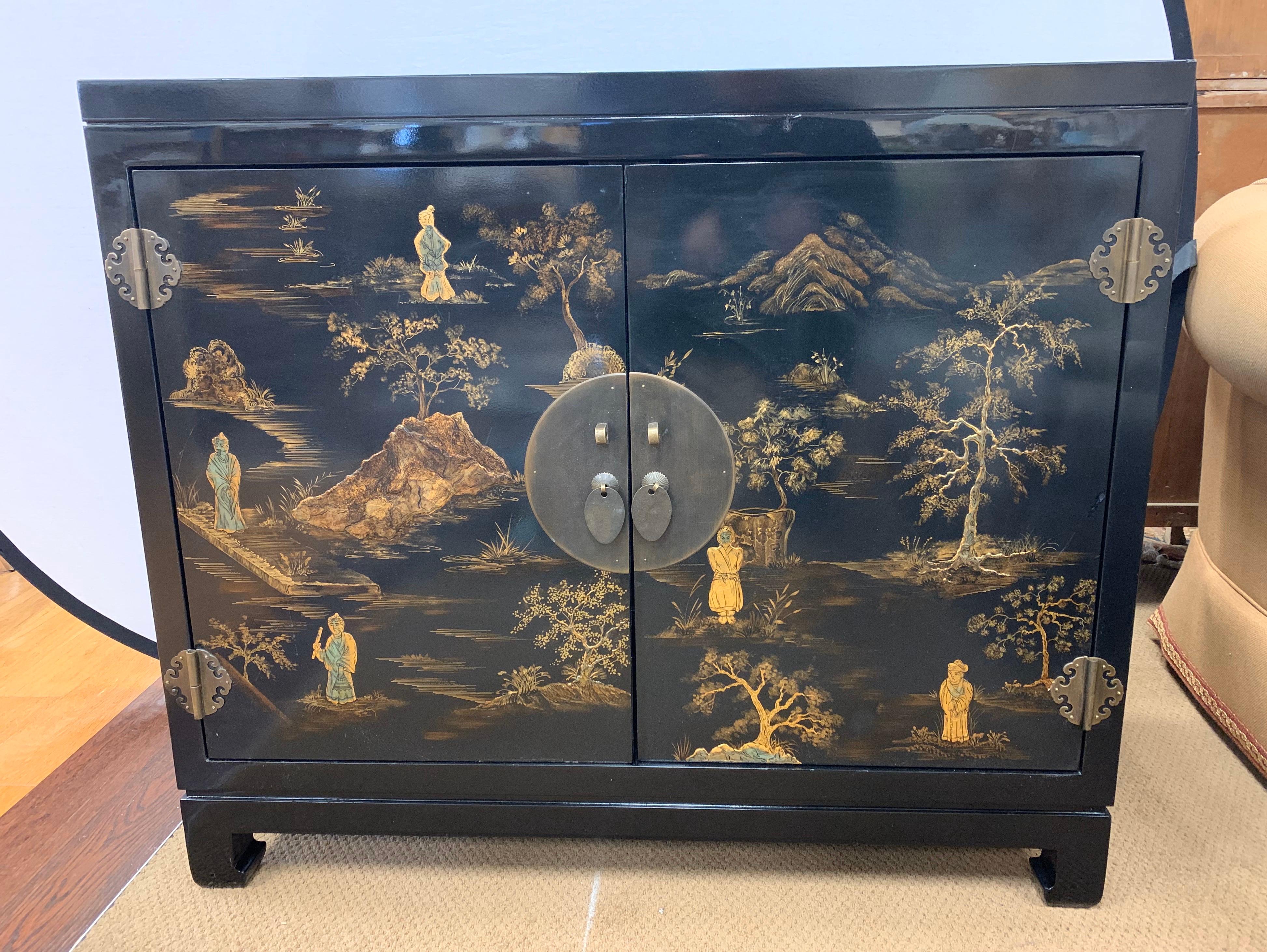 20th Century Chinese Export Black Laquer and Gilt Chinoiserie Cabinet Server Credenza Chest