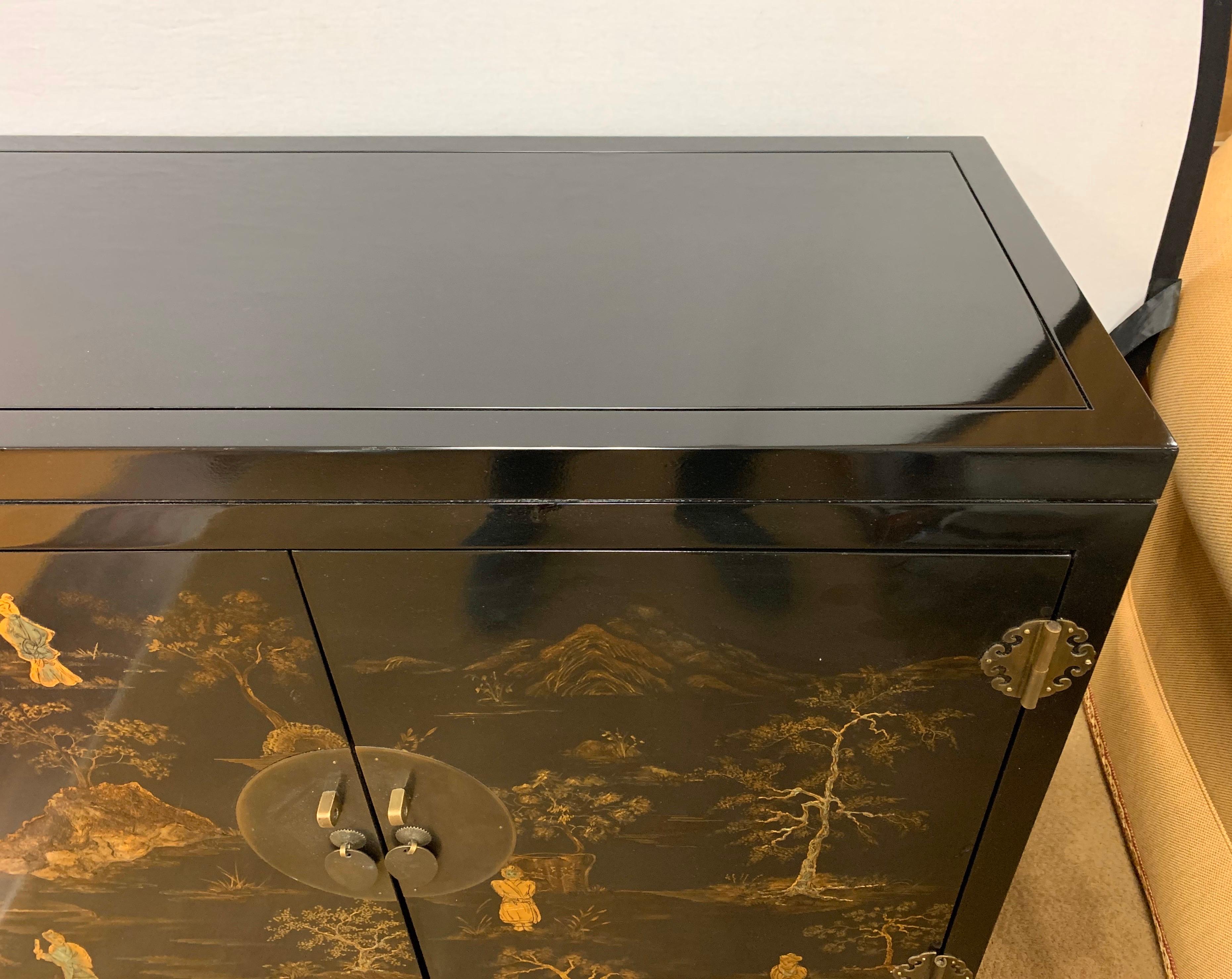 Brass Chinese Export Black Laquer and Gilt Chinoiserie Cabinet Server Credenza Chest