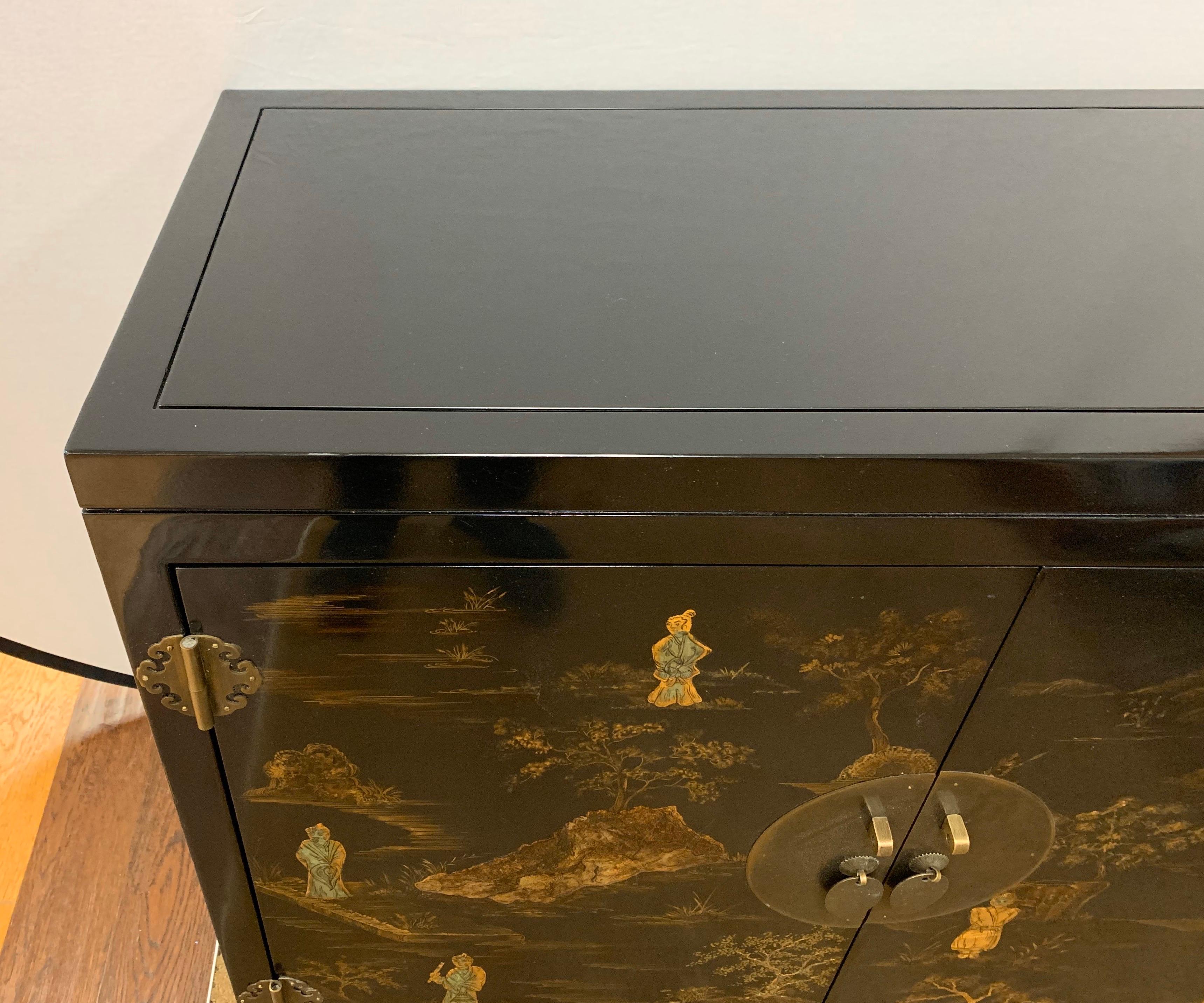 Chinese Export Black Laquer and Gilt Chinoiserie Cabinet Server Credenza Chest 2