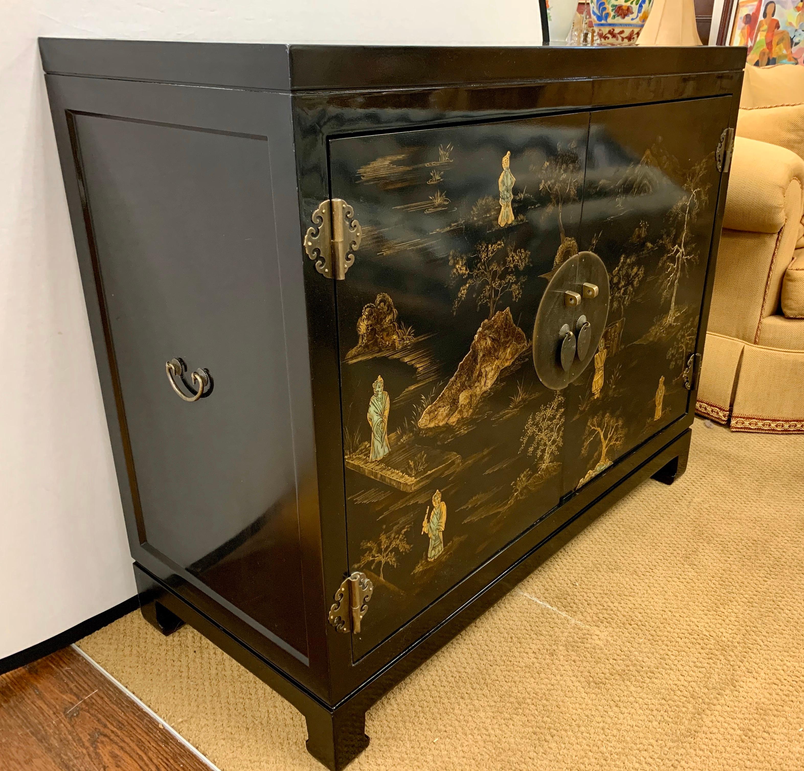 Chinese Export Black Laquer and Gilt Chinoiserie Cabinet Server Credenza Chest 3