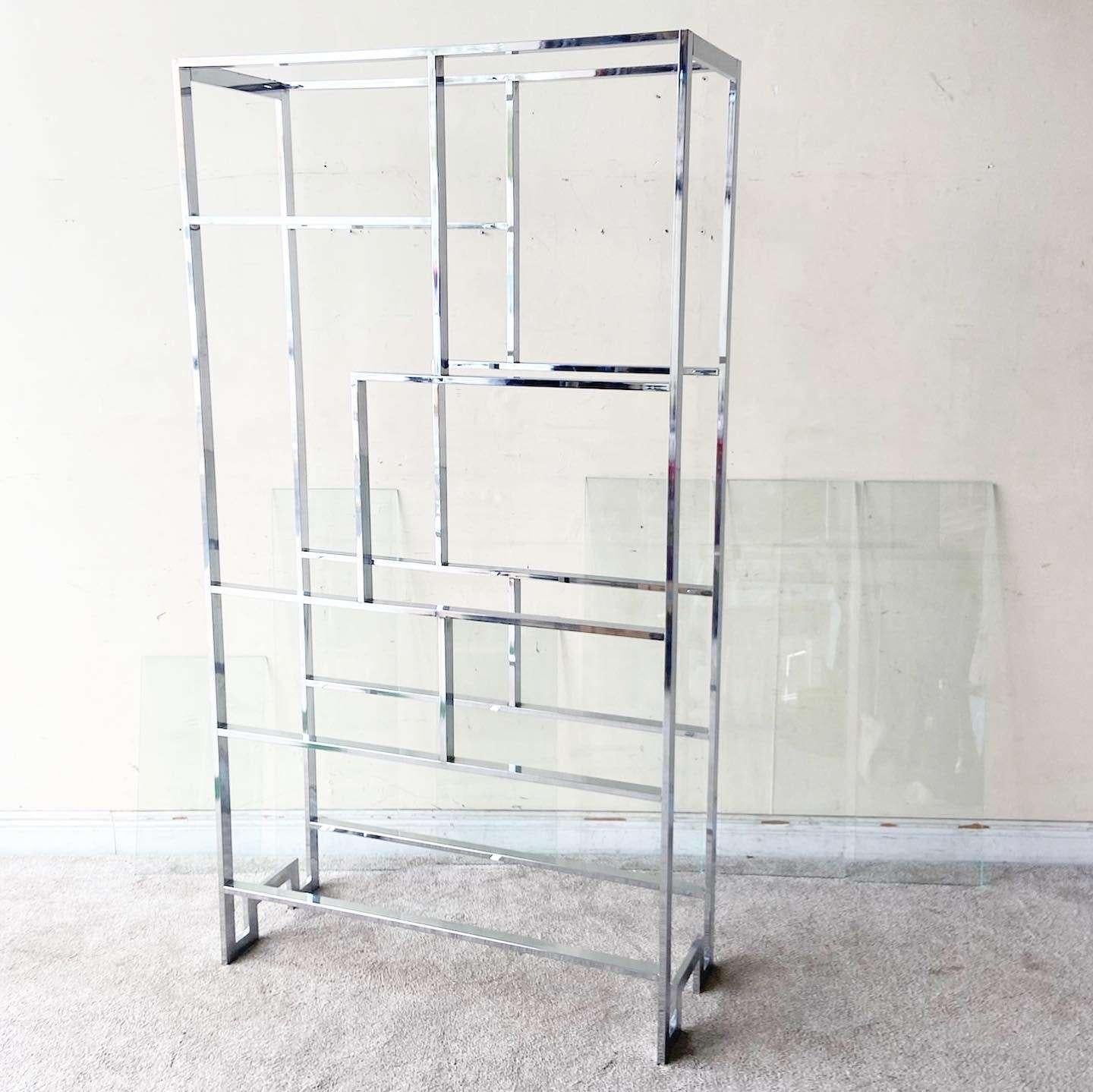 Mid Century Chinoiserie Chrome and Glass Etagere For Sale 6