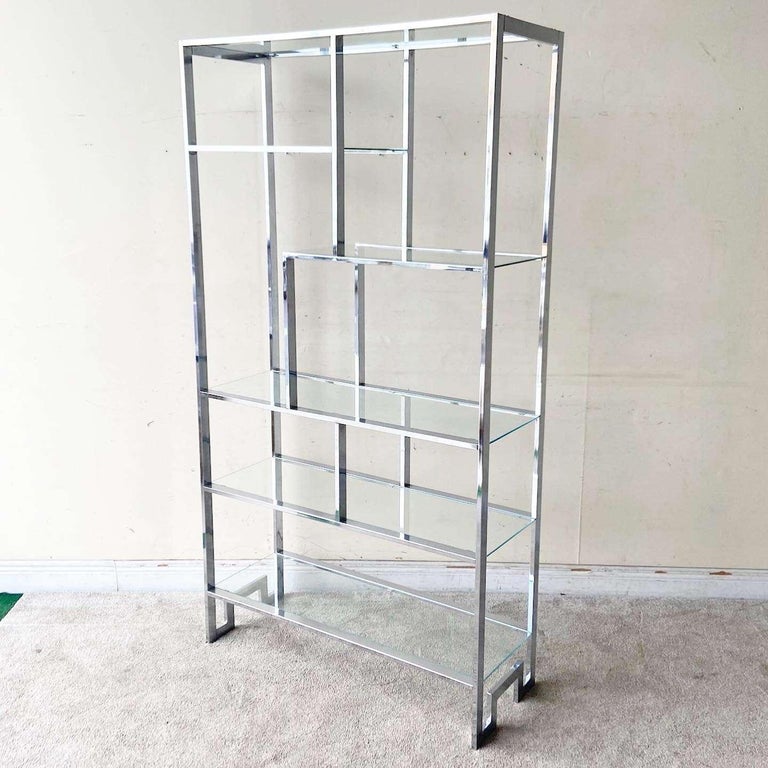 Mid Century Chinoiserie Chrome and Glass Etagere For Sale at 1stDibs