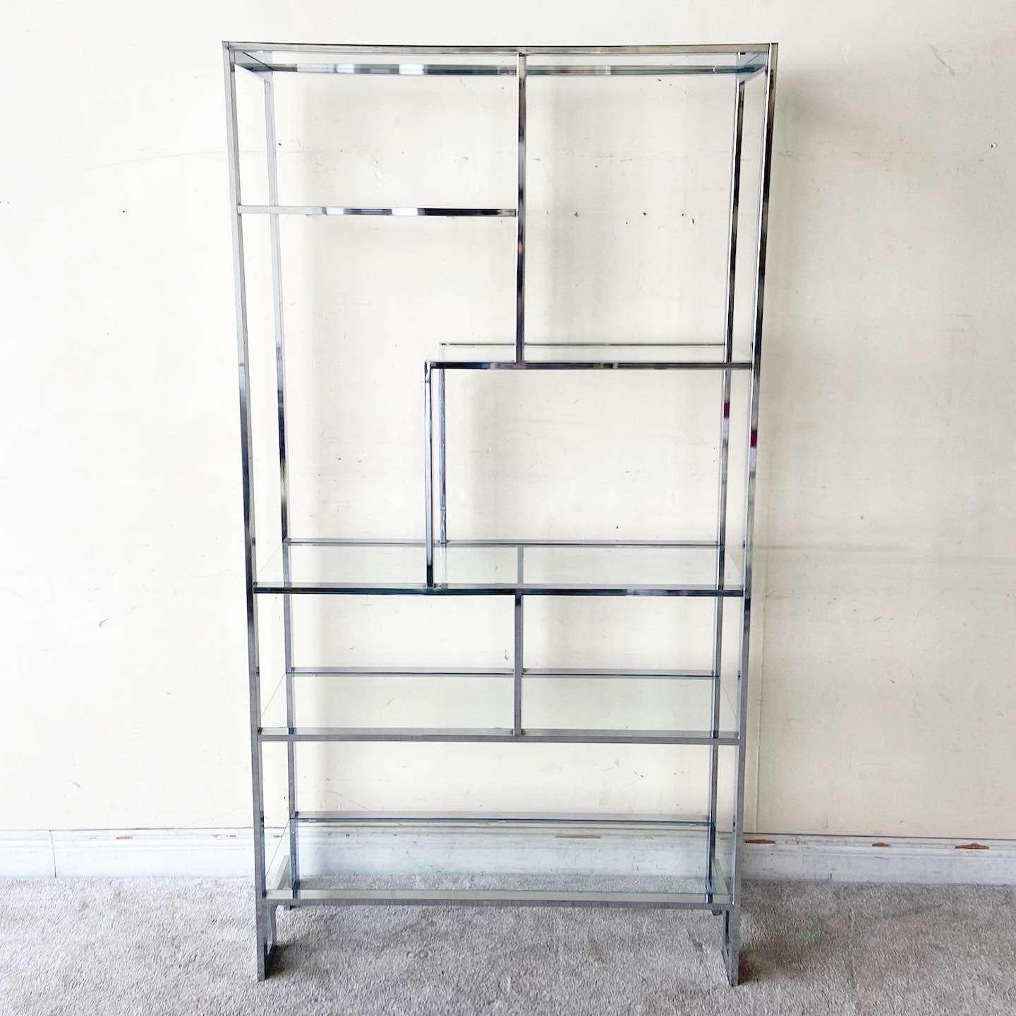 Mid Century Chinoiserie Chrome and Glass Etagere In Good Condition For Sale In Delray Beach, FL