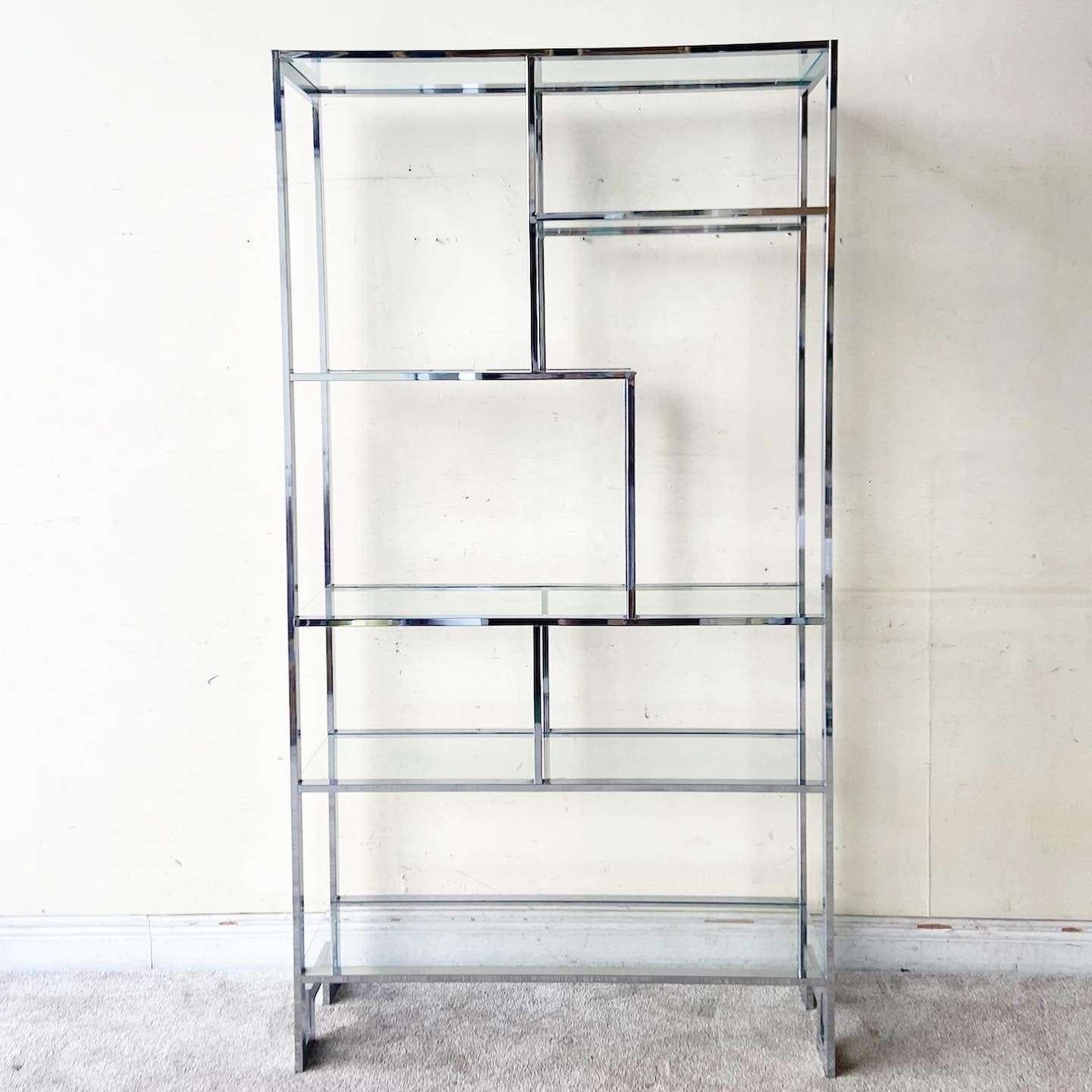 Mid Century Chinoiserie Chrome and Glass Etagere For Sale 2