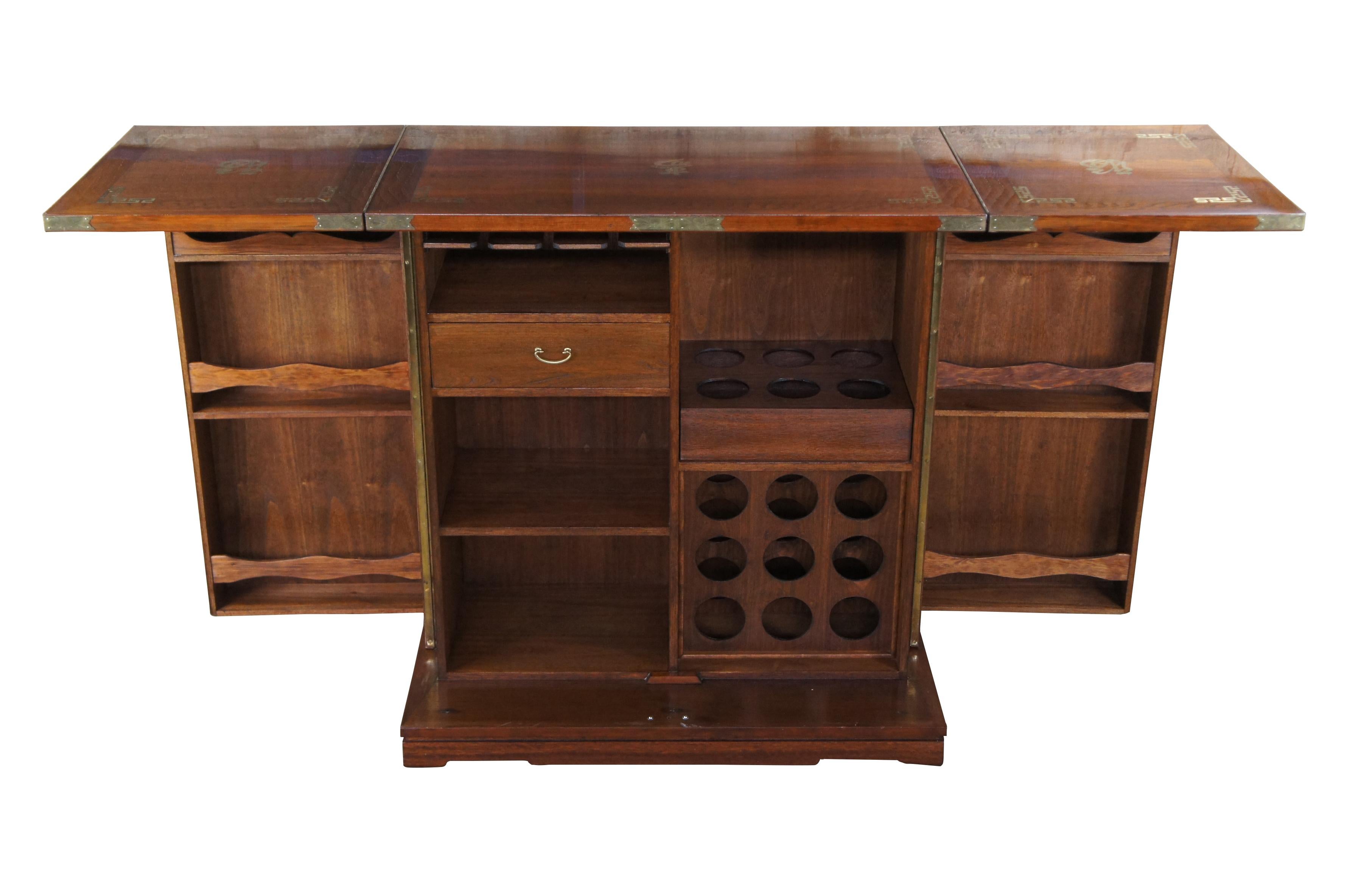 Midcentury Chinoiserie Elm Rolling Dry Bar Server Wine Liquor Cabinet Campaign In Good Condition In Dayton, OH