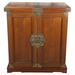 Midcentury Chinoiserie Elm Rolling Dry Bar Server Wine Liquor Cabinet Campaign