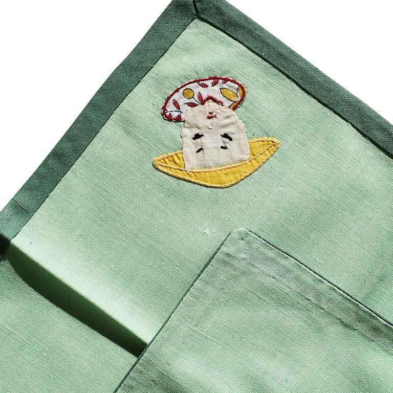 American Mid-Century Chinoiserie Embroidered Figural Green Cocktail Napkins, Set of 4 For Sale