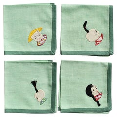 Retro Mid-Century Chinoiserie Embroidered Figural Green Cocktail Napkins, Set of 4