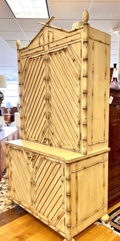 Mid Century Chinoiserie Faux Bamboo Dry Bar Liquor Entertainment Cabinet Armoire