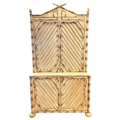 Mid Century Chinoiserie Faux Bamboo Dry Bar Liquor Entertainment Cabinet Armoire