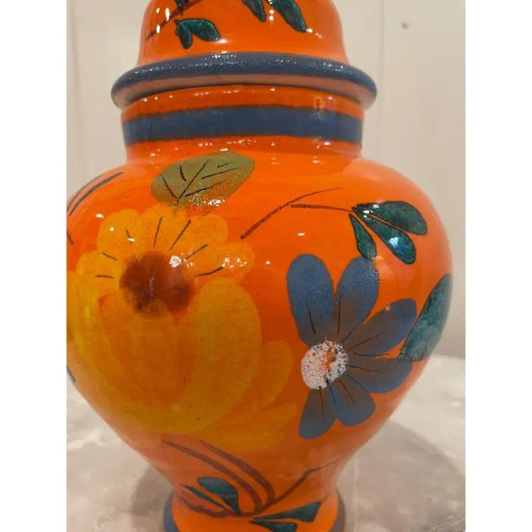 Unknown Mid-Century Chinoiserie Hand Painted Orange Italian Lidded Pottery Ginger Jar For Sale