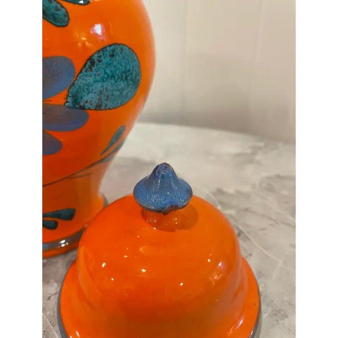 20th Century Mid-Century Chinoiserie Hand Painted Orange Italian Lidded Pottery Ginger Jar For Sale