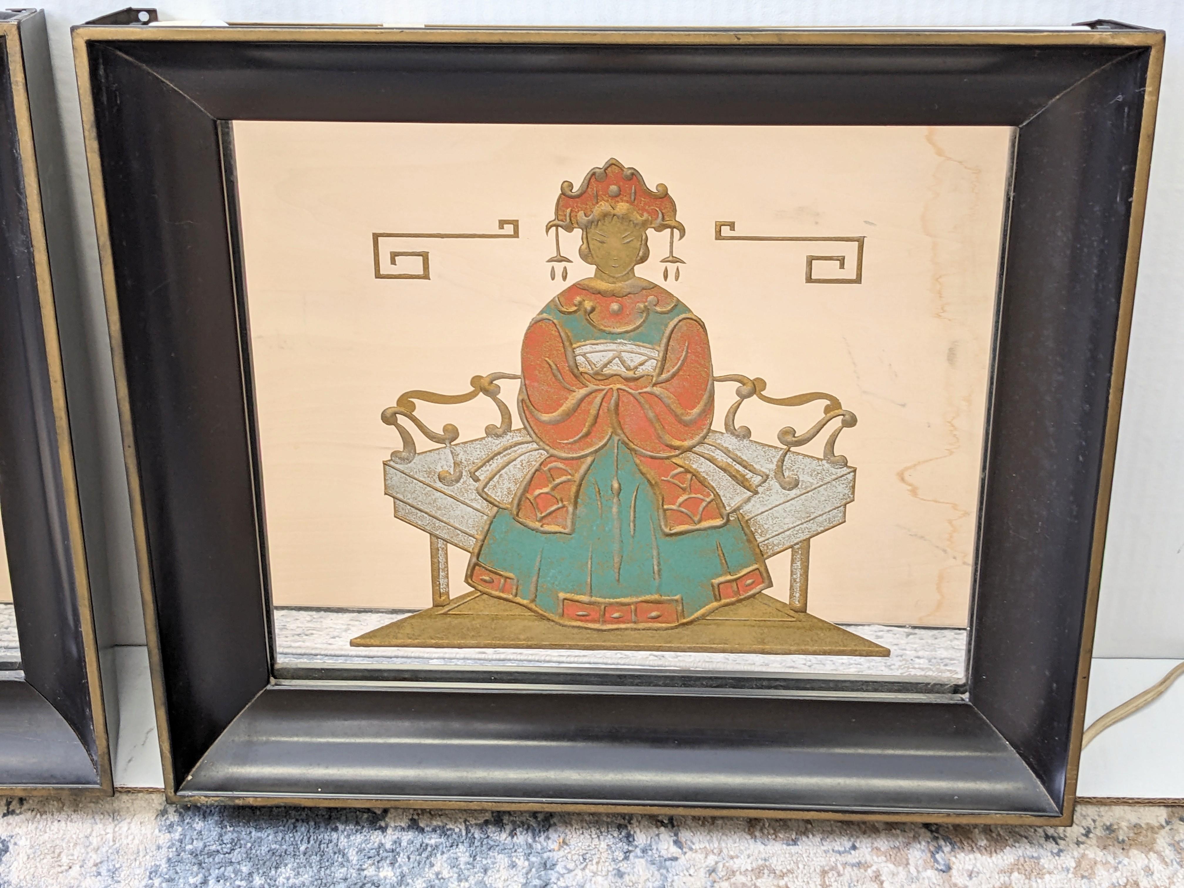 Painted Mid Century Chinoiserie Illuminated Verre Eglomise Frames For Sale