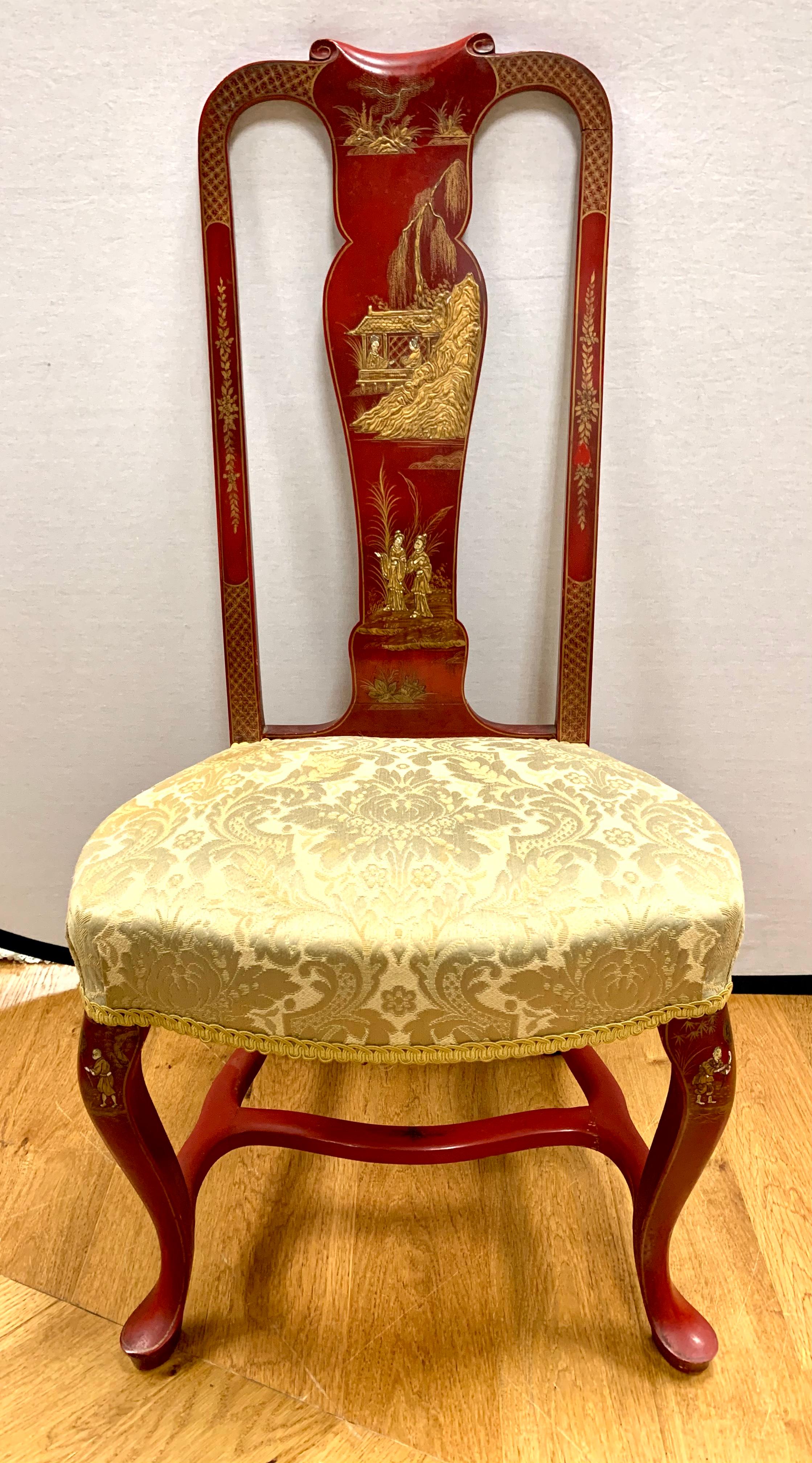 American Mid-Century Chinoiserie Red Lacquered and Gilt Dining Chairs, Set of 4
