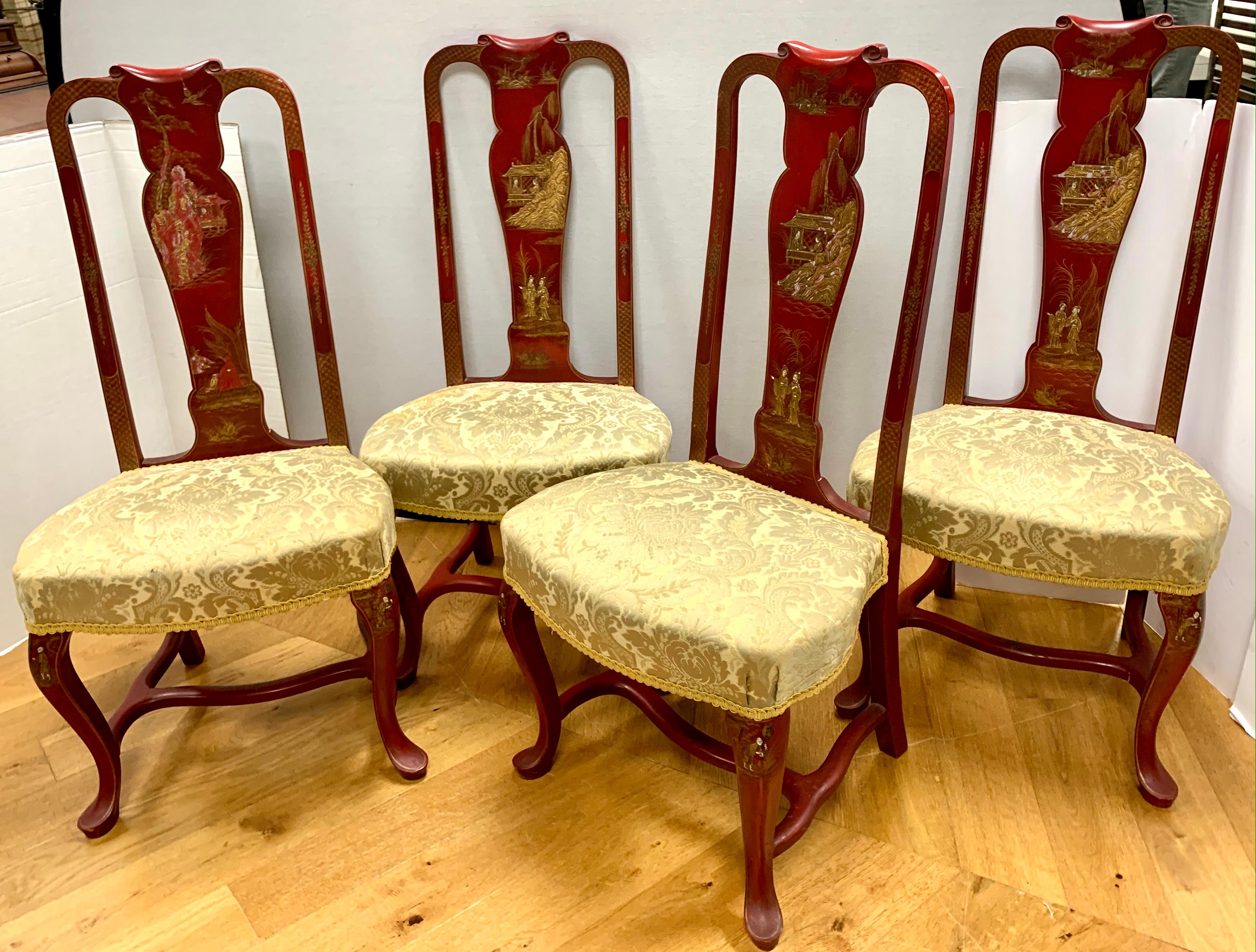 Mid-20th Century Mid-Century Chinoiserie Red Lacquered and Gilt Dining Chairs, Set of 4