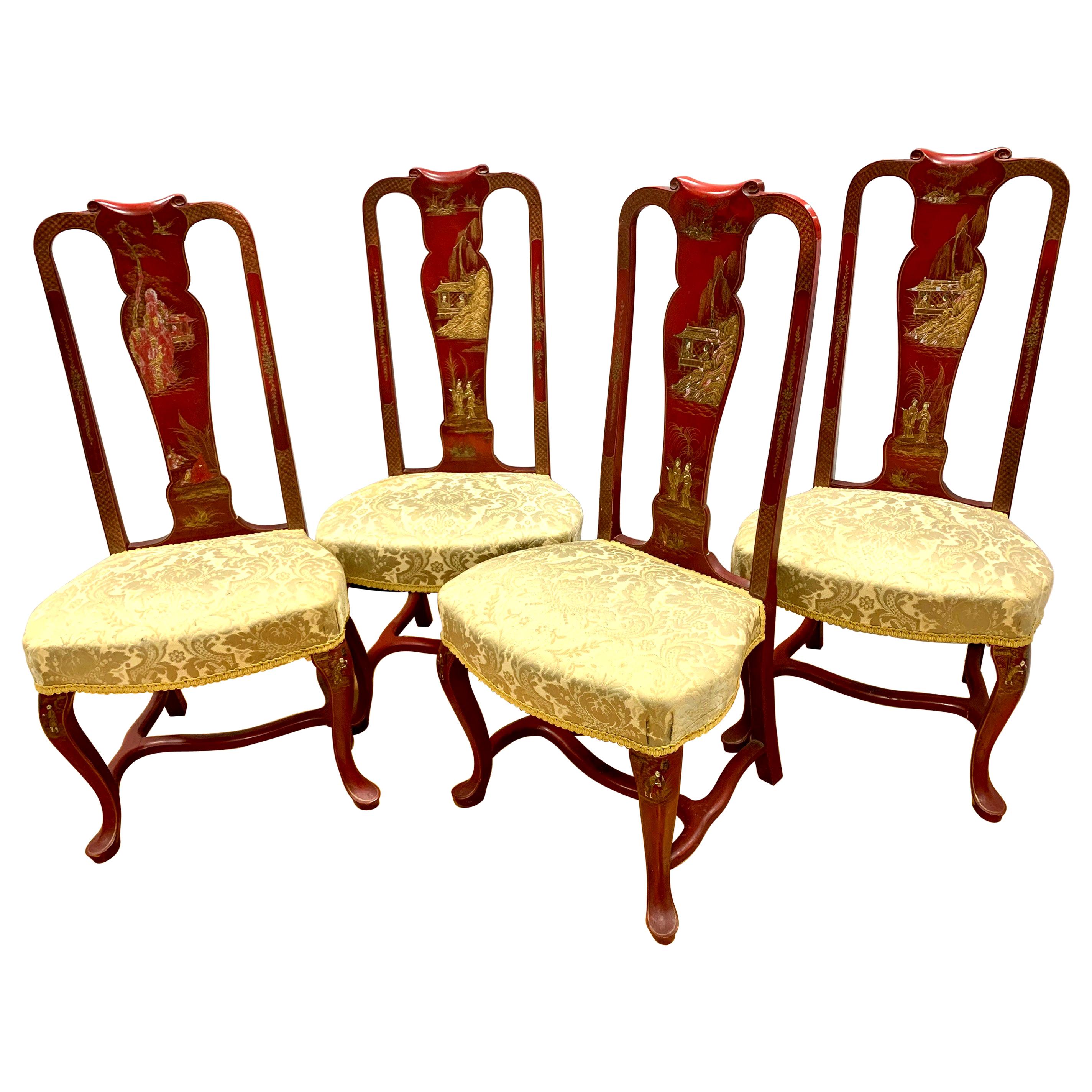 Mid-Century Chinoiserie Red Lacquered and Gilt Dining Chairs, Set of 4