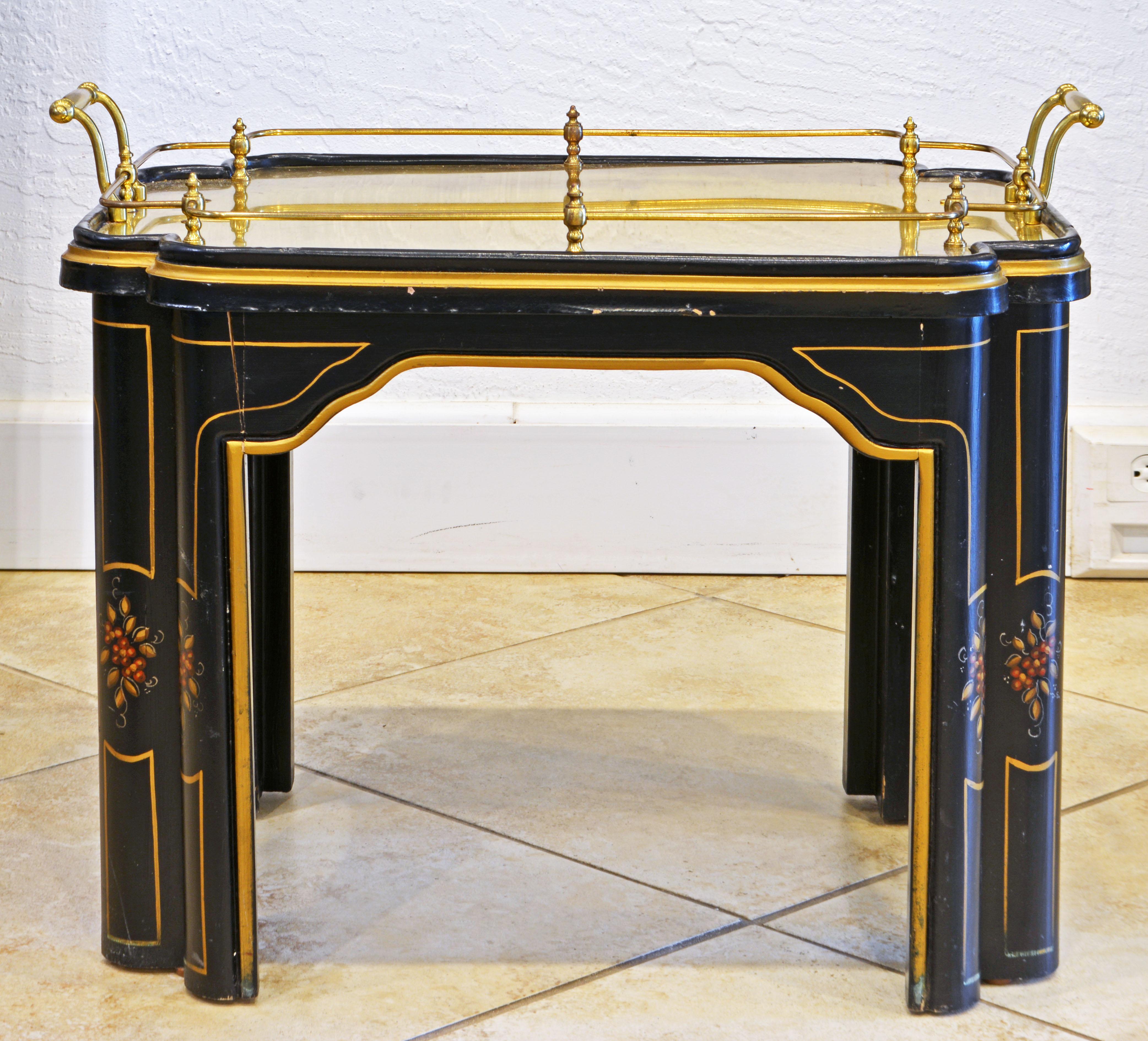 American Mid Century Chinoiserie Regency Style Lacquered Brass Tray Top Occasional Table