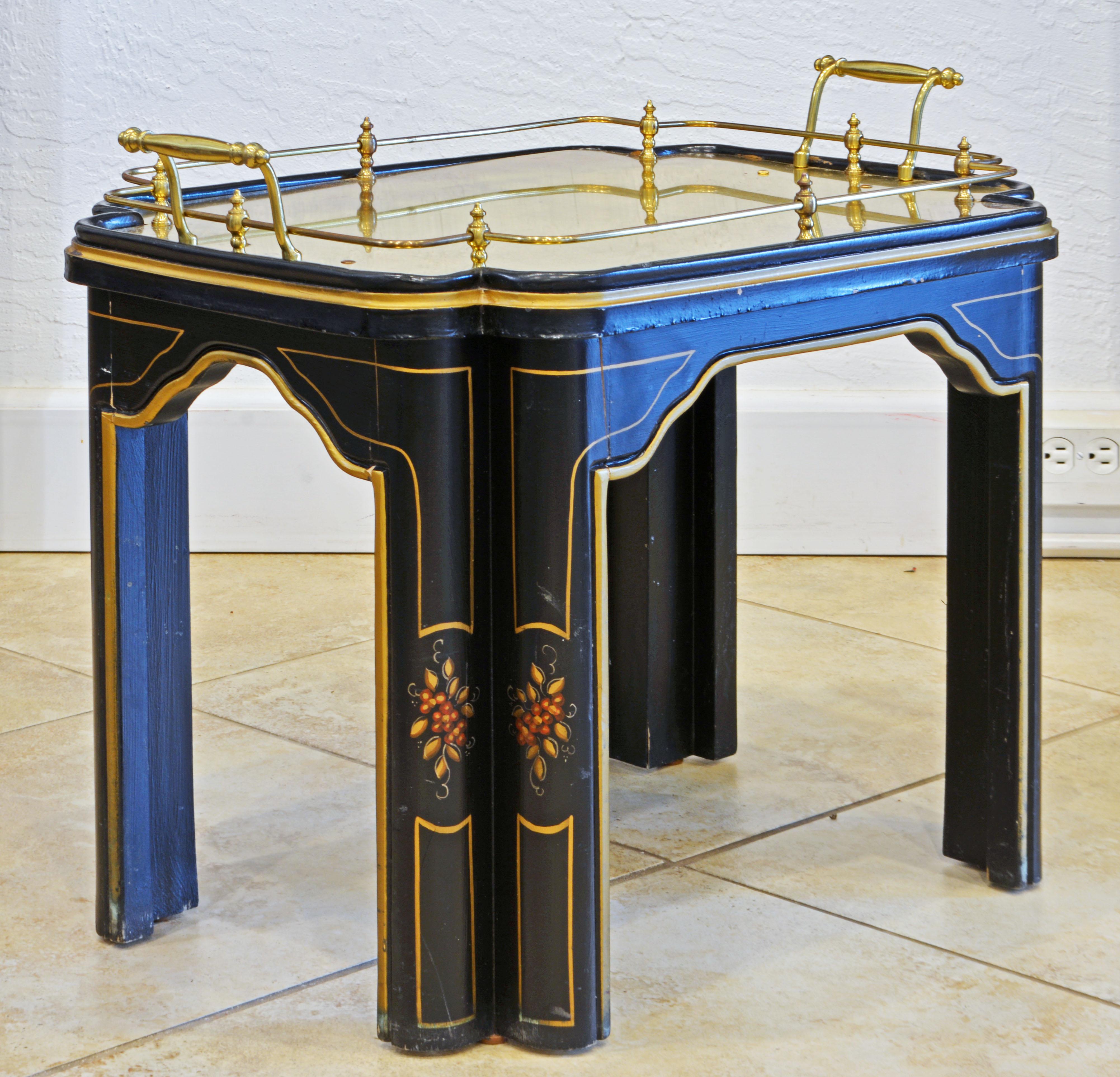 Hand-Painted Mid Century Chinoiserie Regency Style Lacquered Brass Tray Top Occasional Table